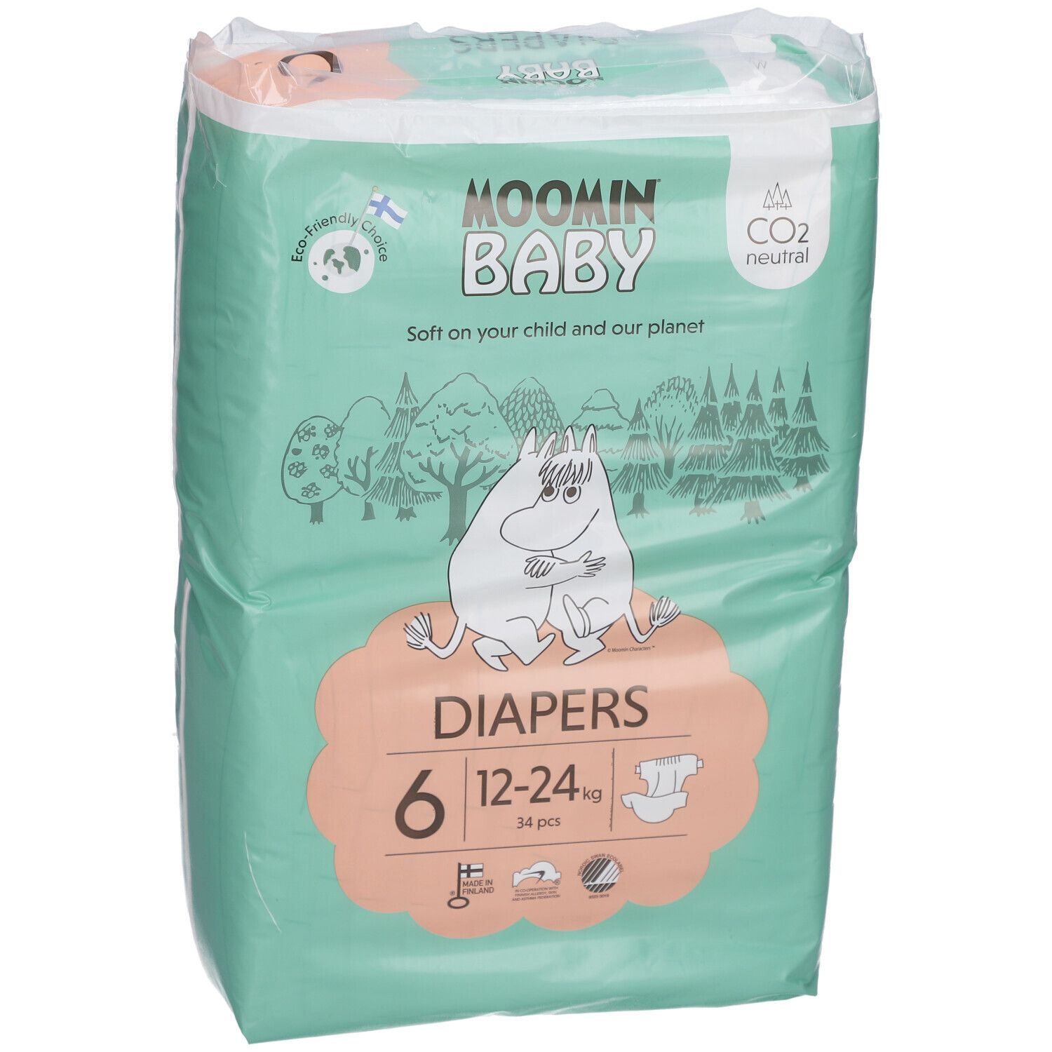 Verpakking Moomin Baby luiers, maat 6, 12-24 kg. Groen en wit, Moomin illustratie. 34 stuks.