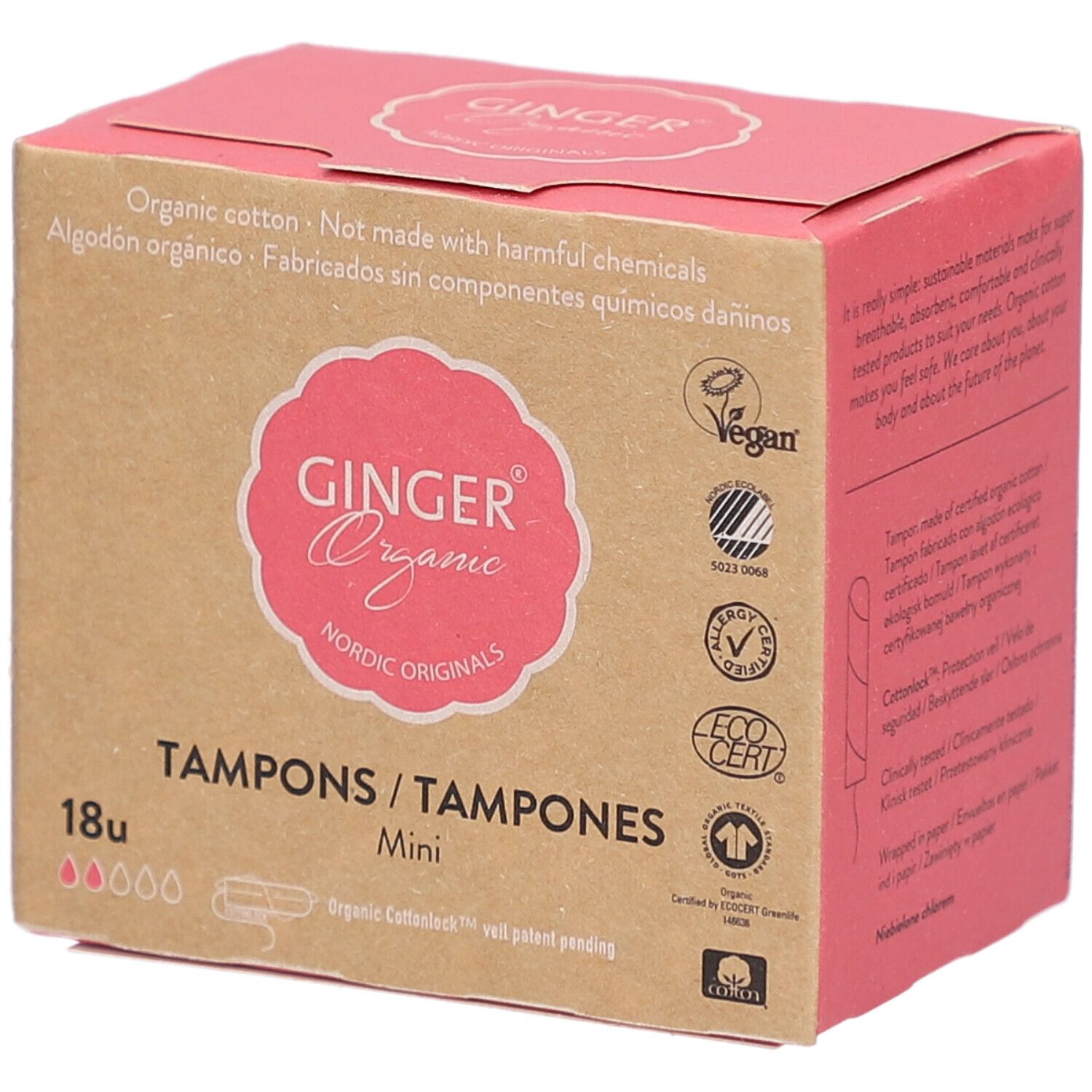 Doosje tampons. Roze logo "Ginger Organic". 18 stuks, Mini. Vegan-keurmerk en andere certificeringen.