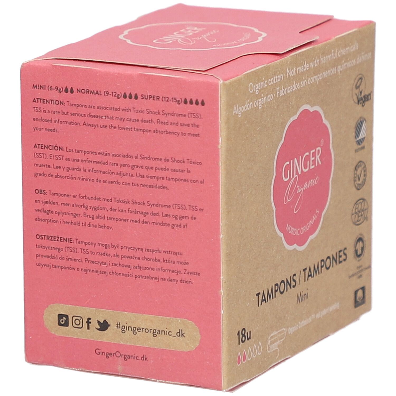 Doosje tampons. Roze logo "Ginger Organic". 18 stuks, Mini. Tekst over TSS en waarschuwingen.