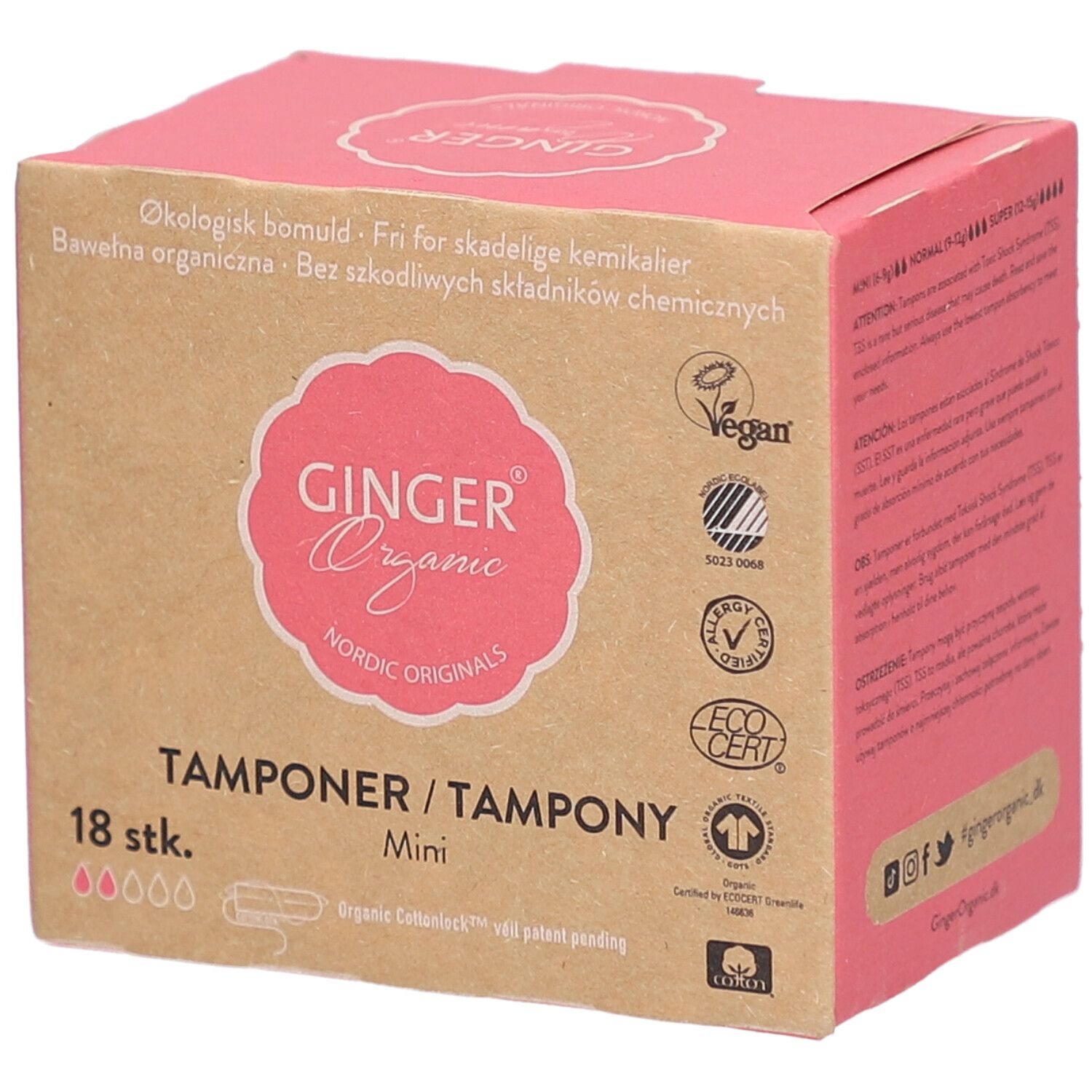 Doosje tampons. Roze logo "Ginger Organic". 18 stuks, Mini. Vegan-keurmerk en andere certificeringen.