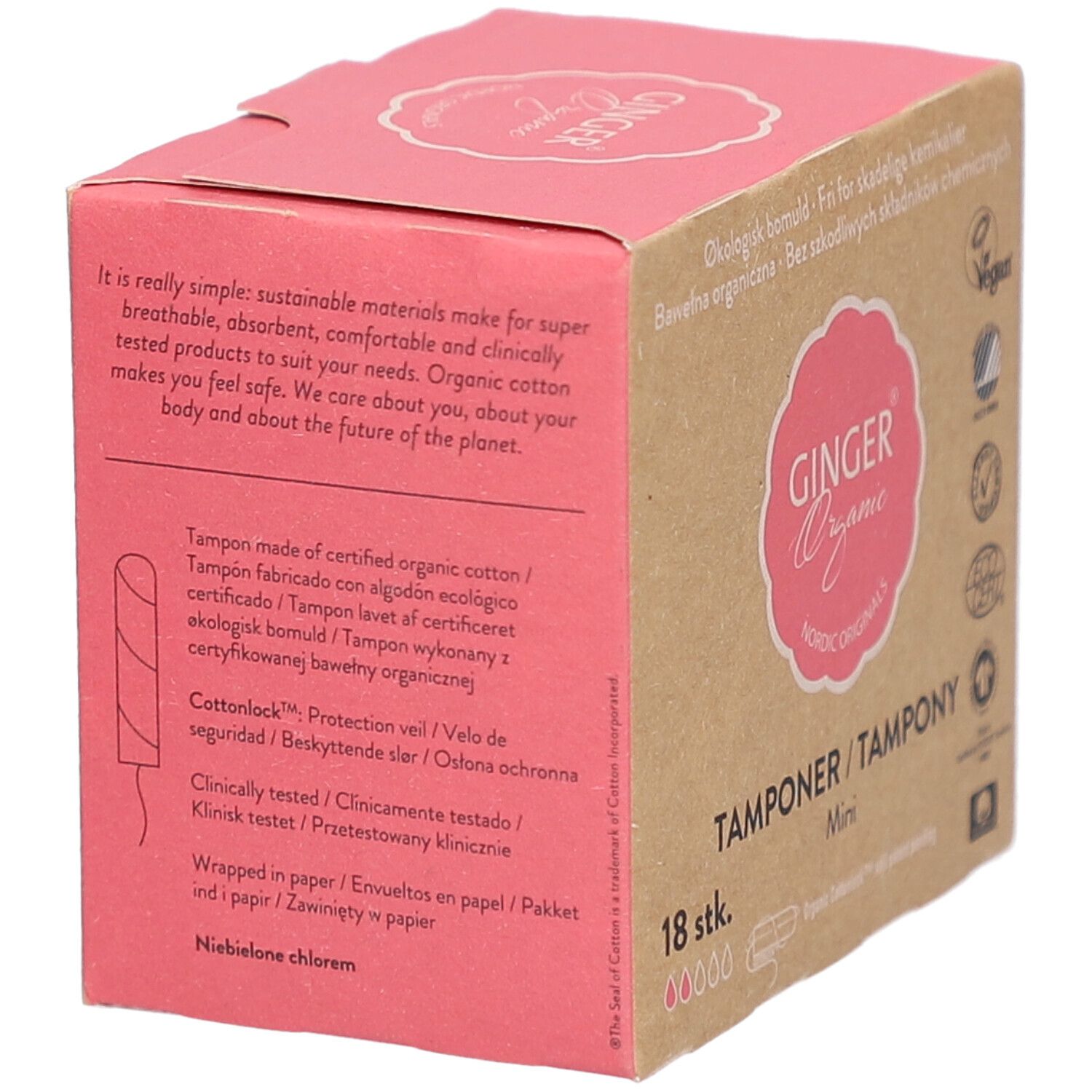 Doosje tampons. Roze logo "Ginger Organic". 18 stuks, Mini. Tekst over materiaal en certificeringen.