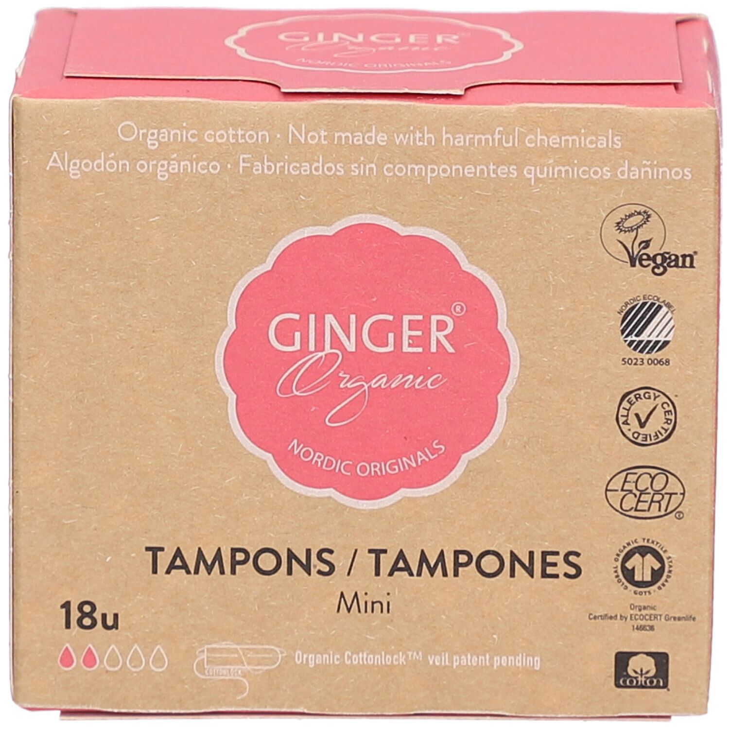 Doosje tampons. Roze logo "Ginger Organic". 18 stuks, Mini. Vegan-keurmerk en andere certificeringen.