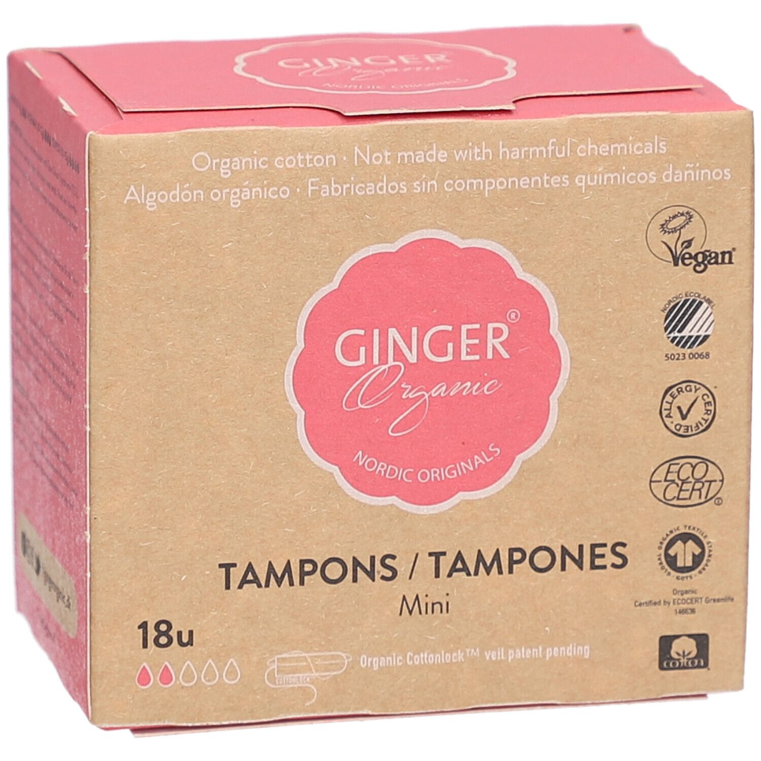 Doosje tampons. Roze logo "Ginger Organic". 18 stuks, Mini. Vegan-keurmerk en andere certificeringen.