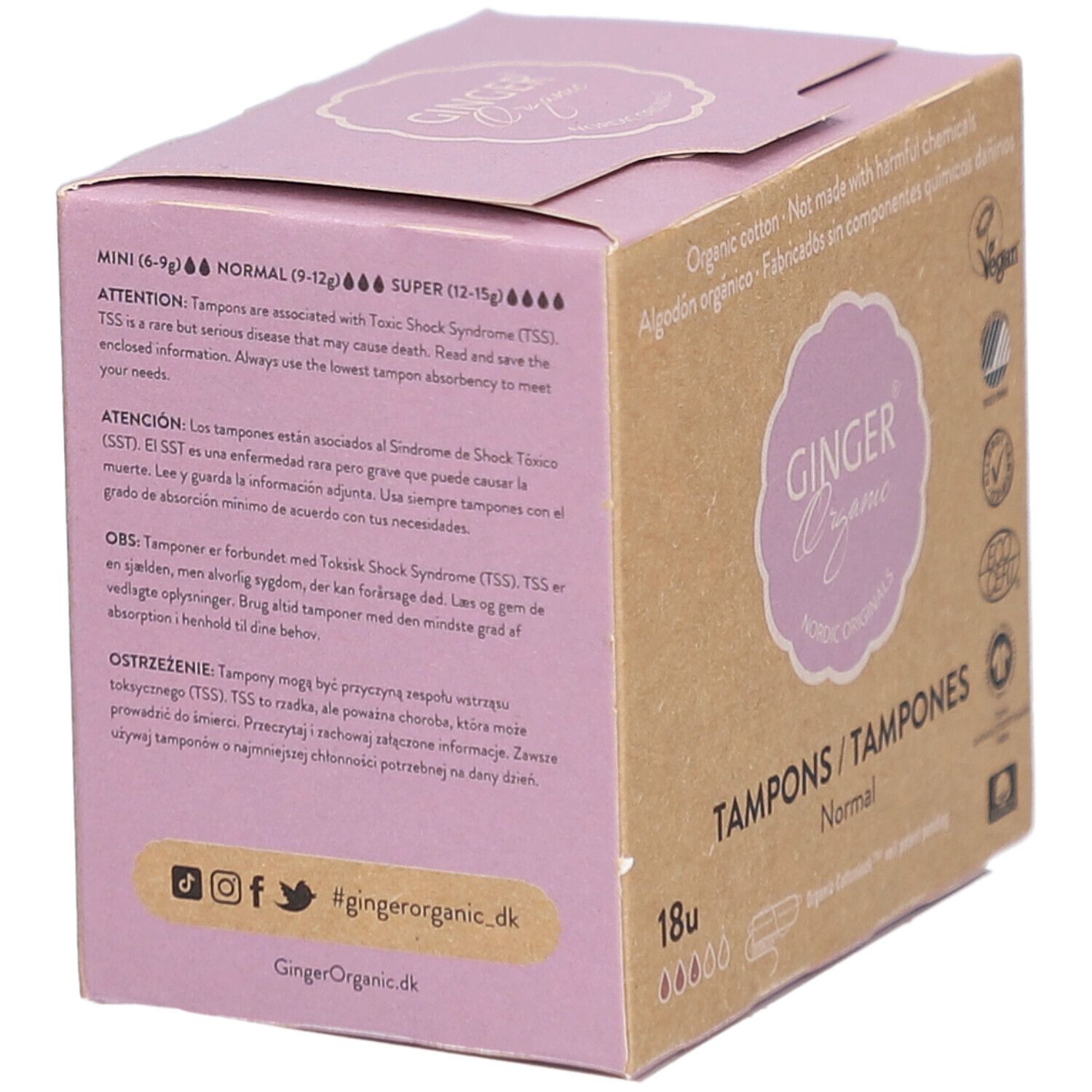 Doosje tampons. Opschrift: Ginger Organic, Tampons Normal, 18 stuks. Waarschuwingen TSS. Social media iconen.