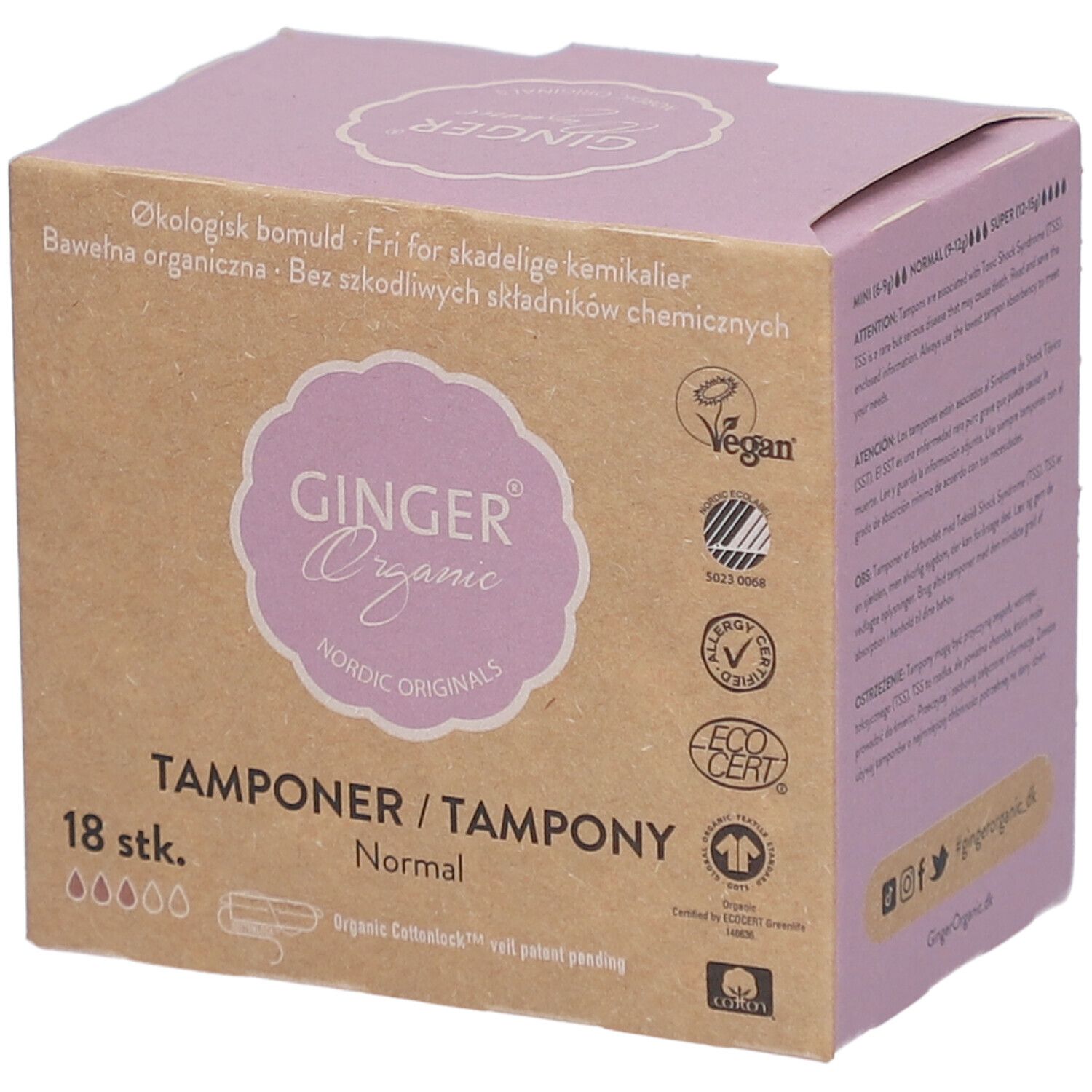 Doosje tampons. Opschrift: Ginger Organic, Tampon Normal, 18 stuks. Vegan-keurmerk en andere certificeringen.