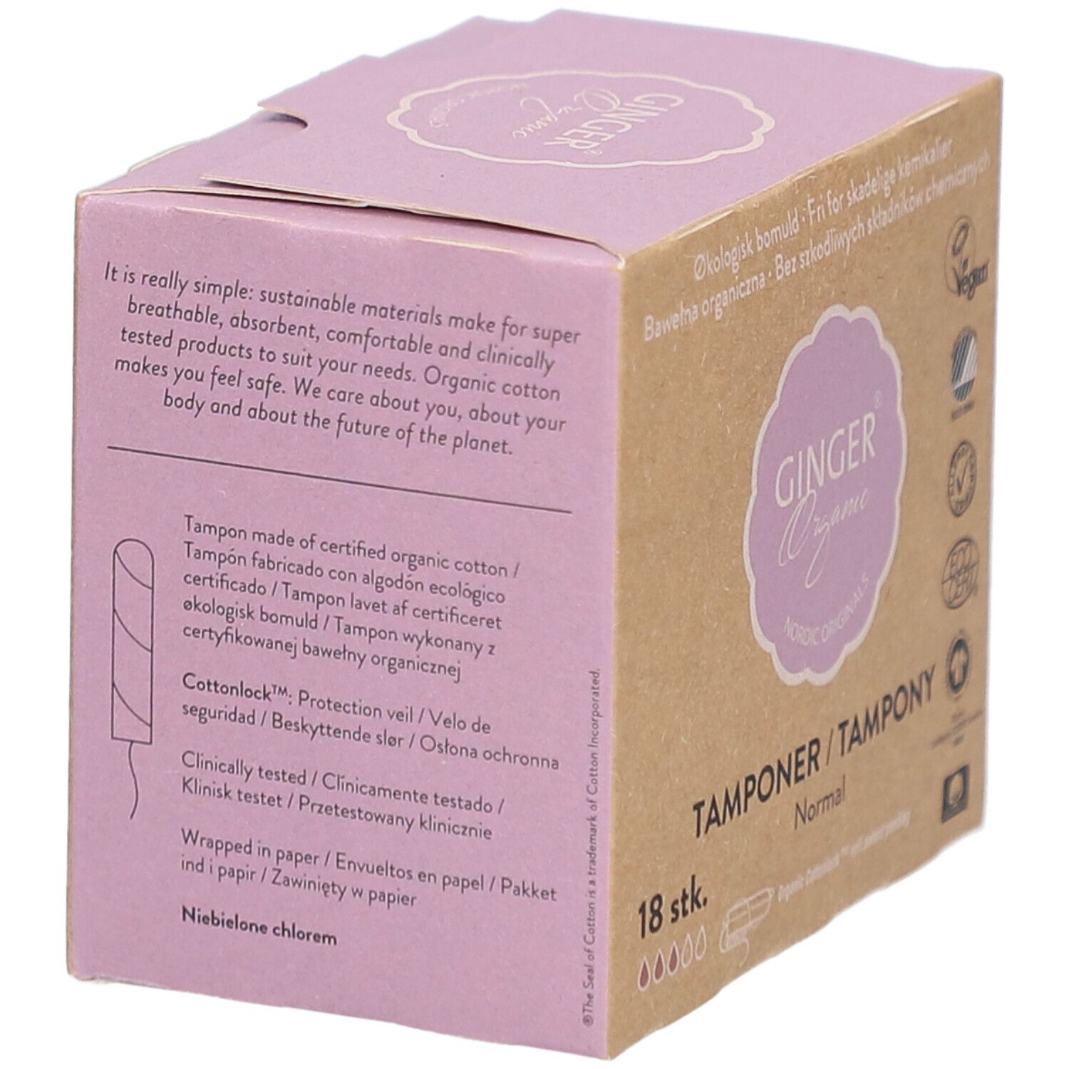 Doosje tampons. Opschrift: Ginger Organic, Tampons Normal, 18 stuks. Tekst over biologisch katoen en Cottonlock.