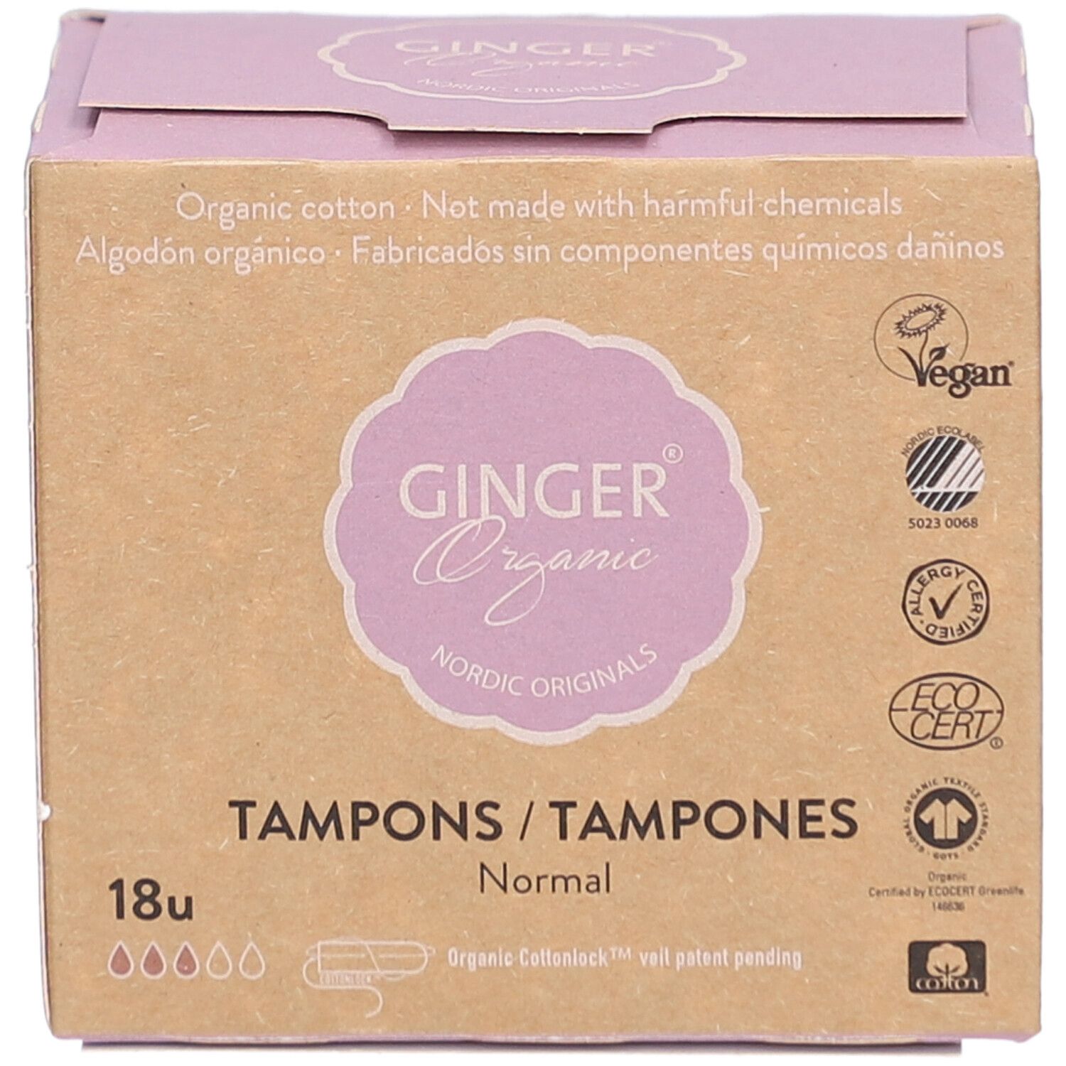 Doosje tampons. Opschrift: Ginger Organic, Tampons Normal, 18 stuks. Vegan-keurmerk en andere certificeringen.