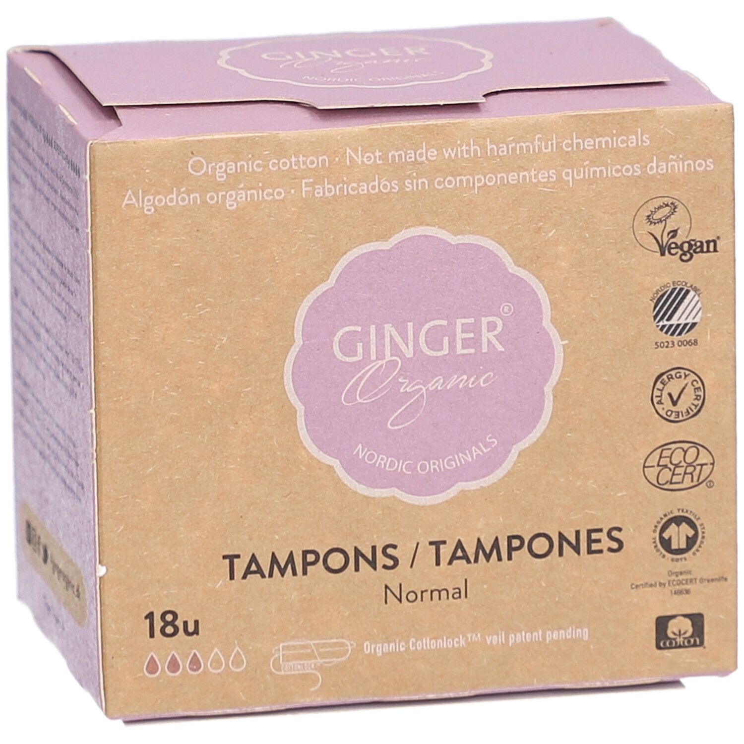 Doosje tampons. Opschrift: Ginger Organic, Tampons Normal, 18 stuks. Vegan-keurmerk en andere certificeringen.