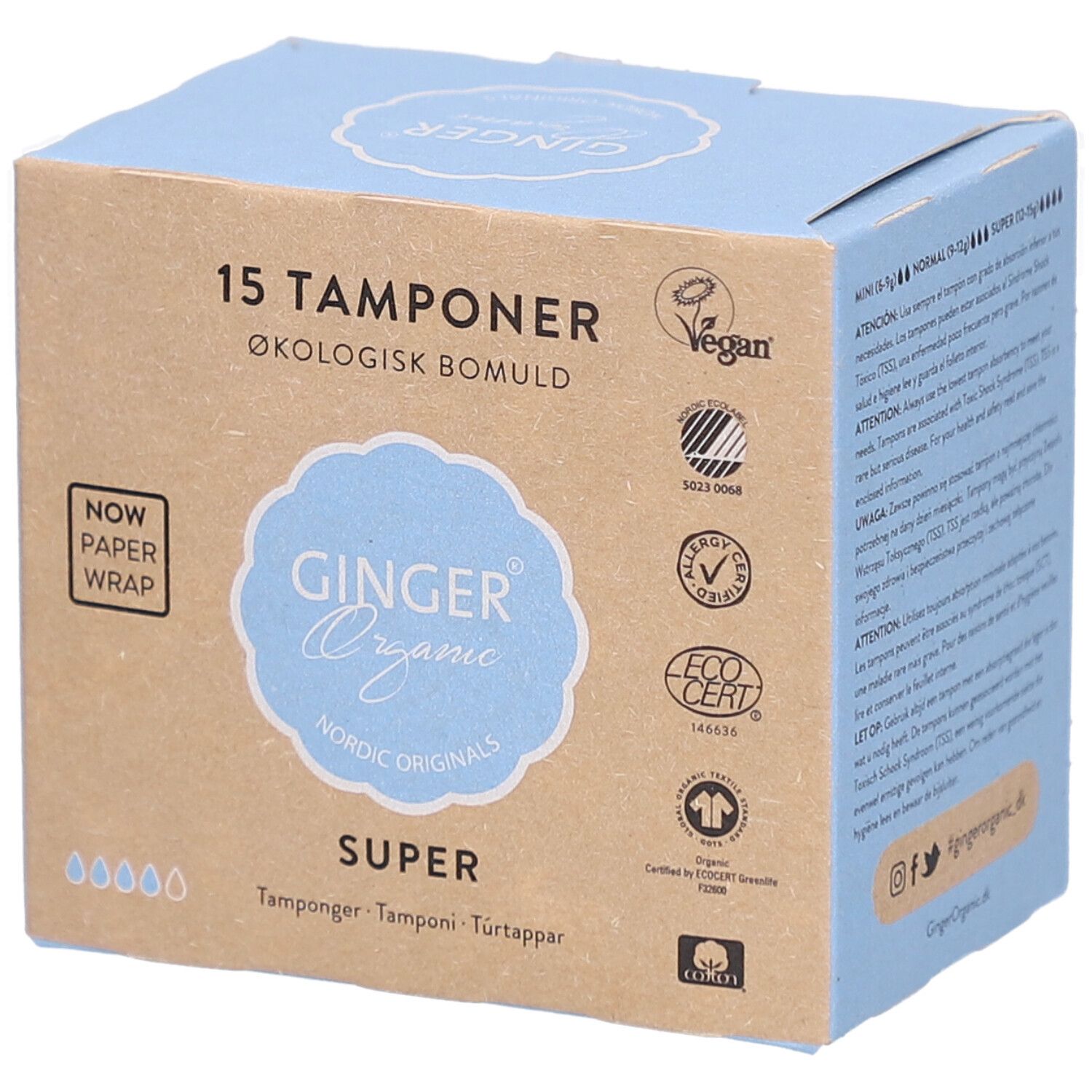 Doos met 15 tampons. Opschrift: GINGER Organic, SUPER. Vegan-keurmerk, eco-certificering. Papieren verpakking.