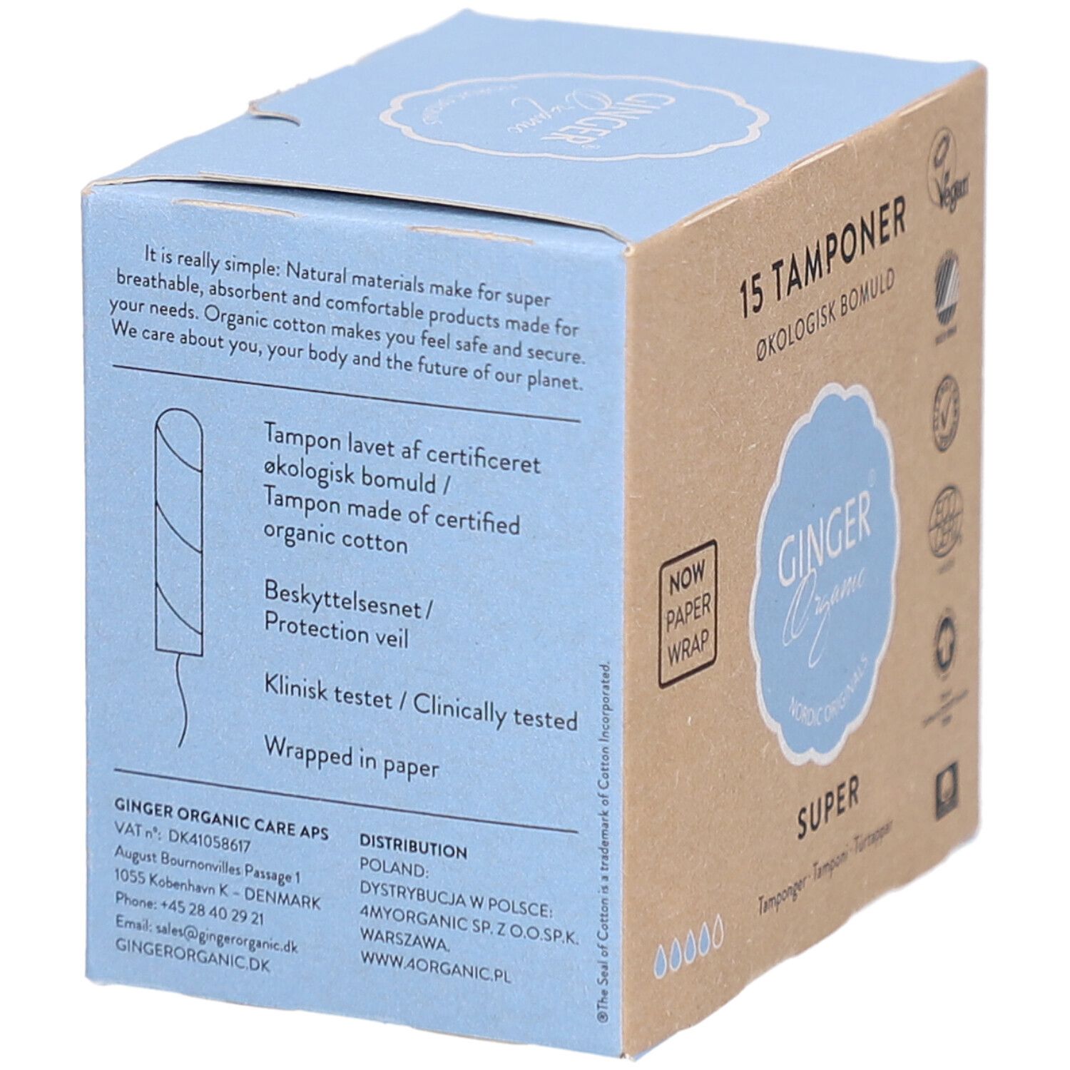 Doos met tamponillustratie. Tekst: Tampon van gecertificeerd biologisch katoen. Klinisch getest. Verpakt in papier.