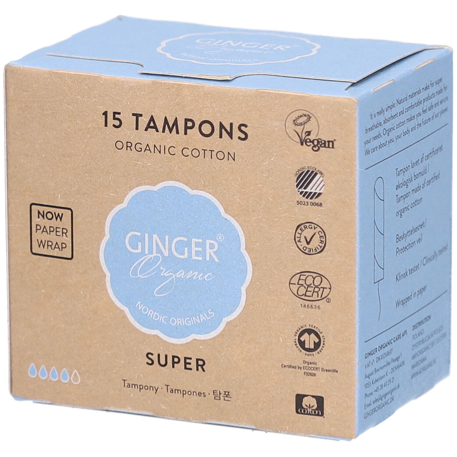 Doos met 15 tampons van biologisch katoen. Opschrift: GINGER Organic, SUPER. Vegan-keurmerk, eco-certificering.