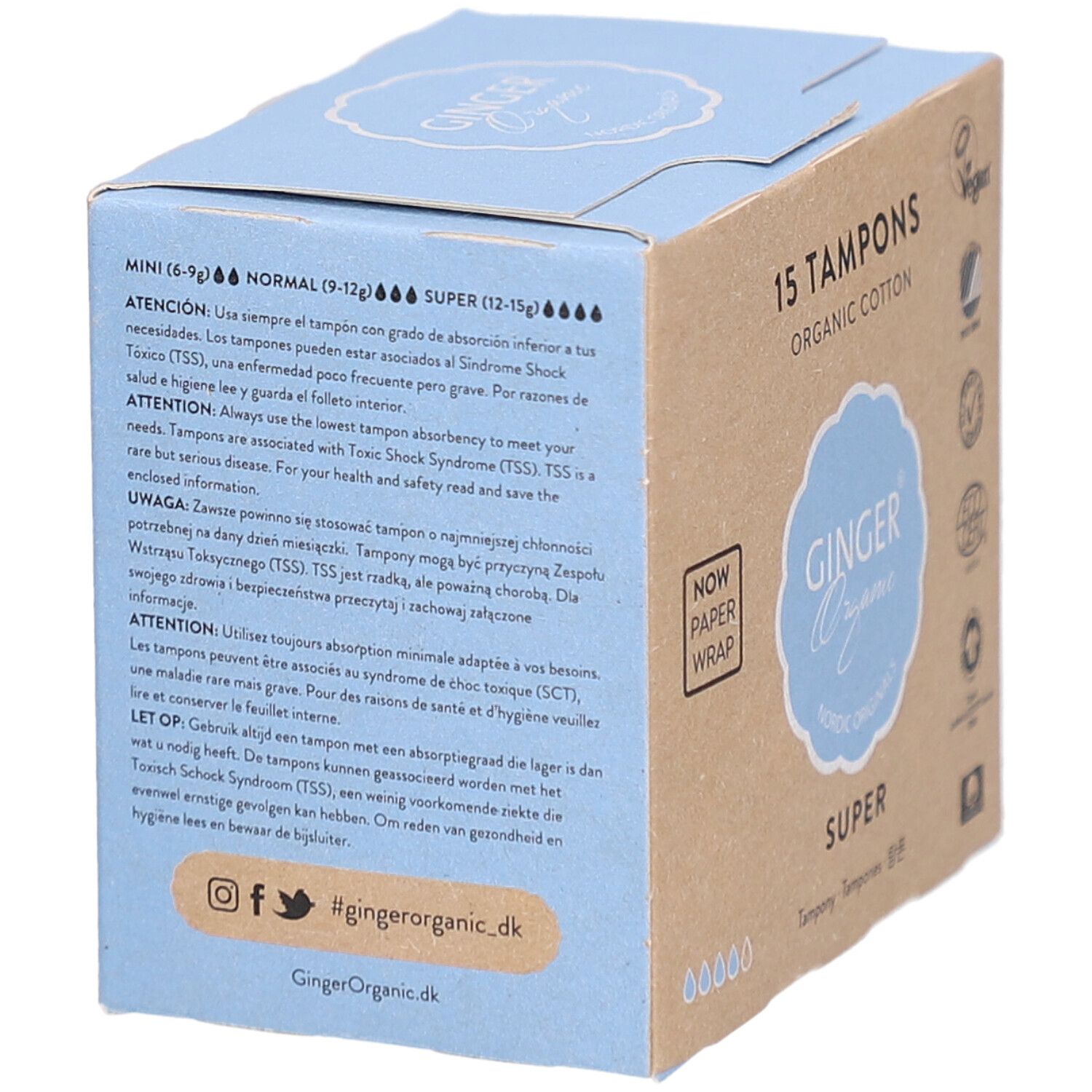 Doos met 15 tampons. Waarschuwingen. Opschrift: GINGER Organic, SUPER. Vegan-keurmerk, eco-certificering.