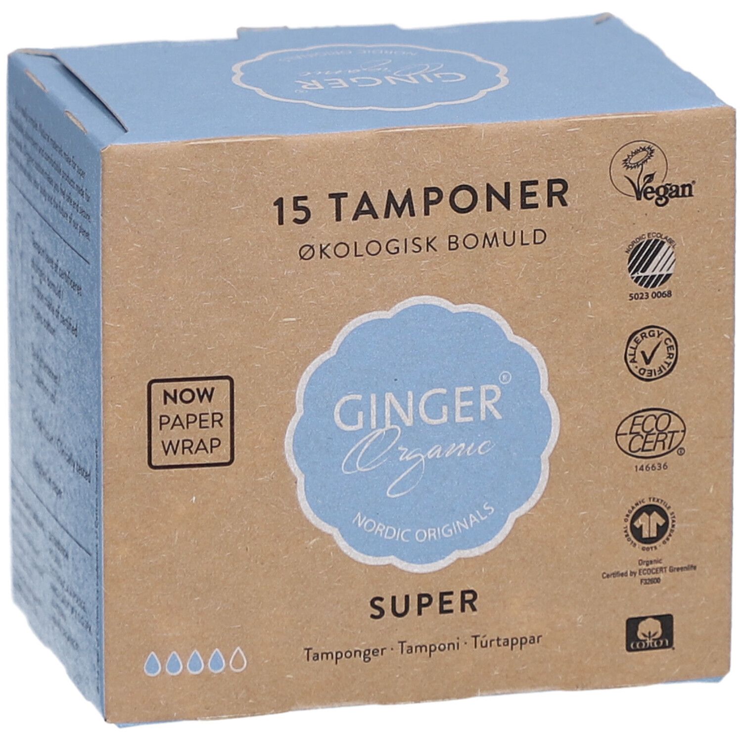 Doos met 15 tampons. Opschrift: GINGER Organic, SUPER. Vegan-keurmerk, eco-certificering. Papieren verpakking.