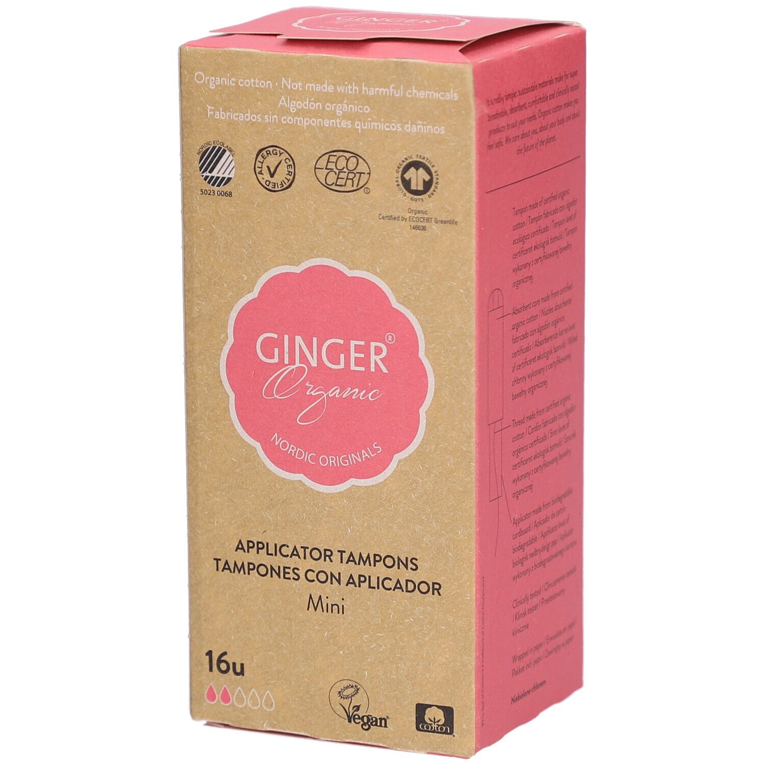 Doosje tampons. Merk: Ginger Organic. Tekst: Applicator Tampons Mini. 16 stuks. Certificeringen.