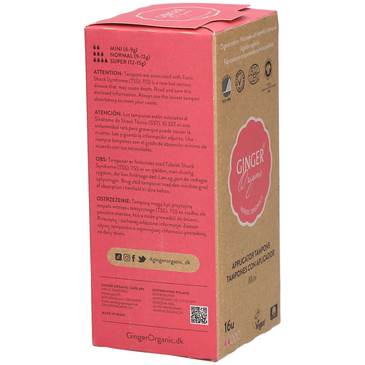 Doosje tampons. Merk: Ginger Organic. Tekst: Applicator Tampons Mini. Waarschuwingen en ingrediënten.