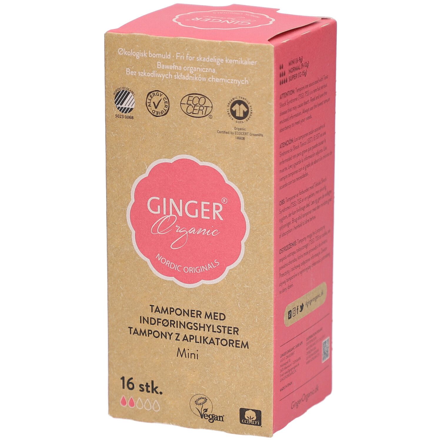 Doosje tampons. Merk: Ginger Organic. Tekst: Tamponer med indføringshylster Mini. 16 stuks. Certificeringen.