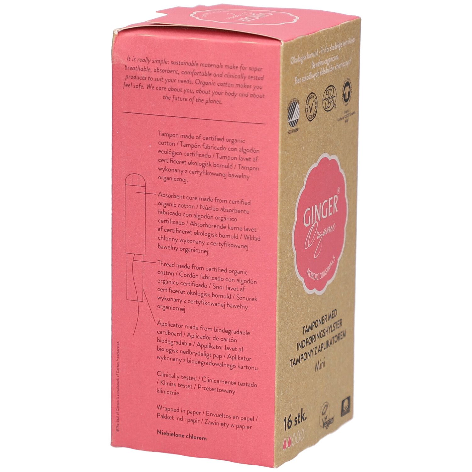 Doosje tampons. Merk: Ginger Organic. Tekst: Tamponer med indføringshylster Mini. Ingrediënten en certificeringen.