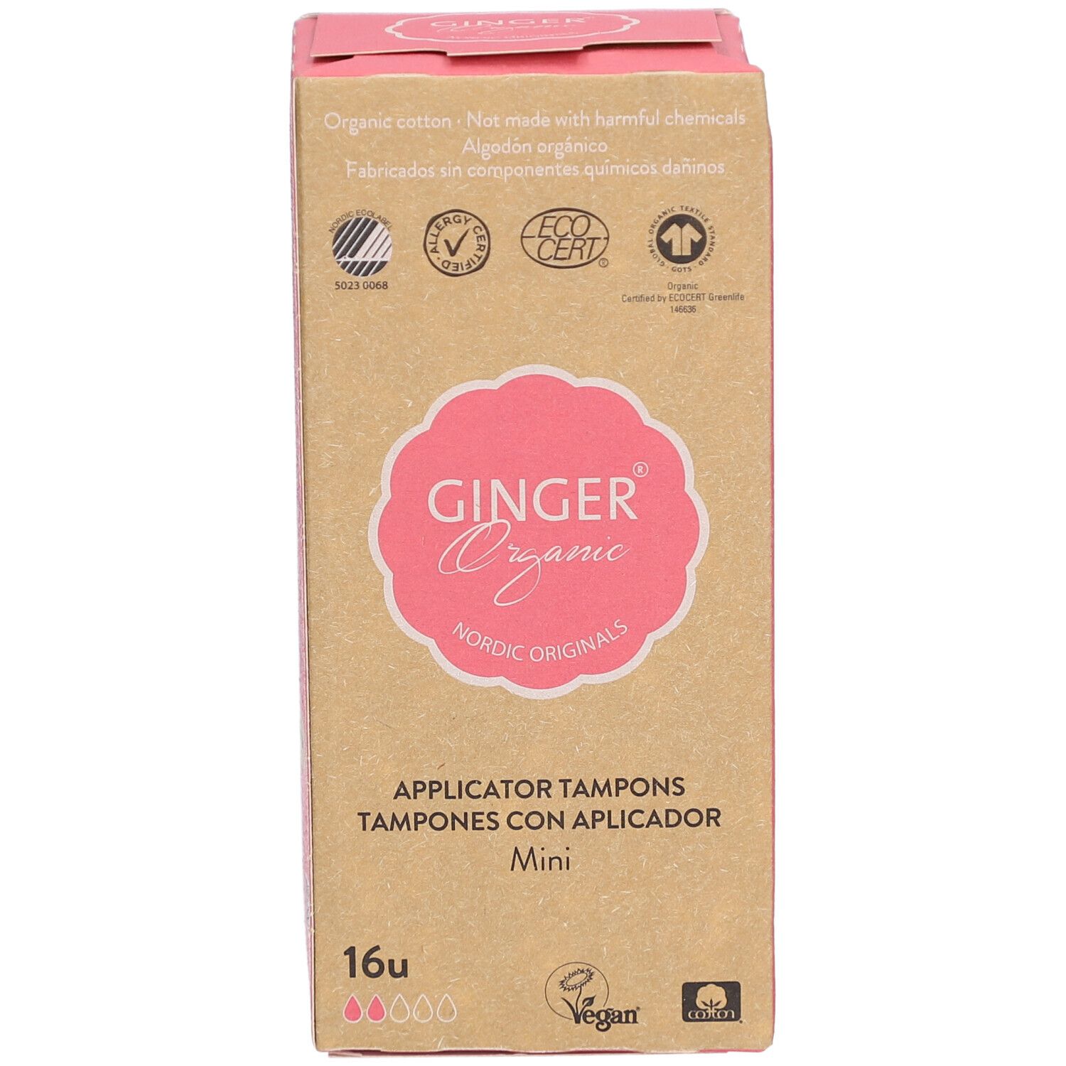 Doosje tampons. Merk: Ginger Organic. Tekst: Applicator Tampons Mini. 16 stuks. Certificeringen.