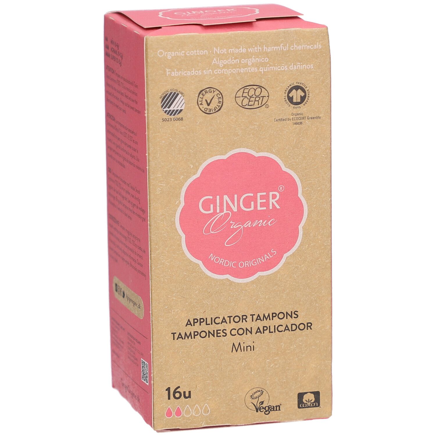 Doosje tampons. Merk: Ginger Organic. Tekst: Applicator Tampons Mini. 16 stuks. Certificeringen.
