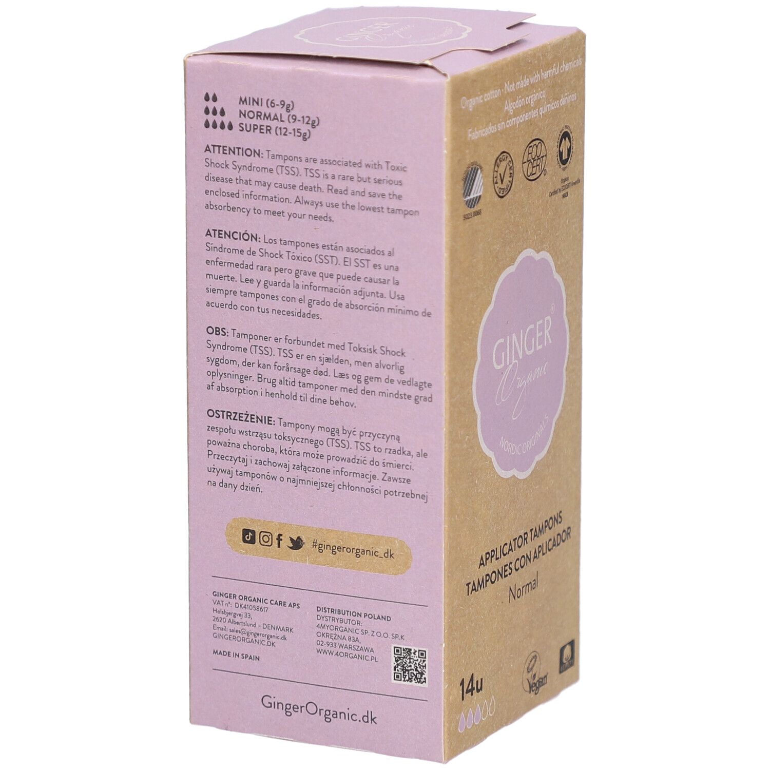 Doosje tampons. Opschrift: Ginger Organic, Normal, 14 stuks. Informatie over TSS. Social media icons.