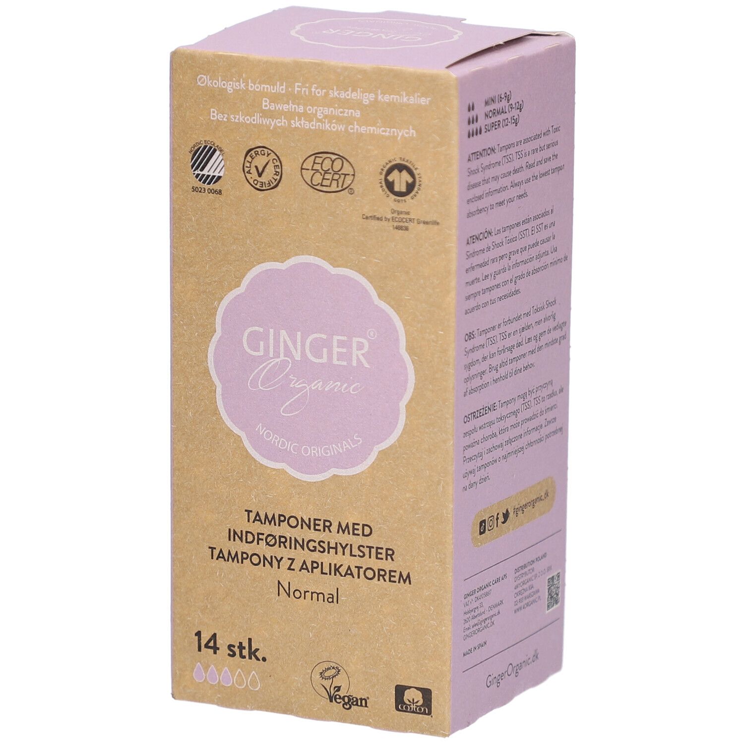 Doosje tampons met applicator. Opschrift: Ginger Organic, Normal, 14 stuks. Certificeringen.