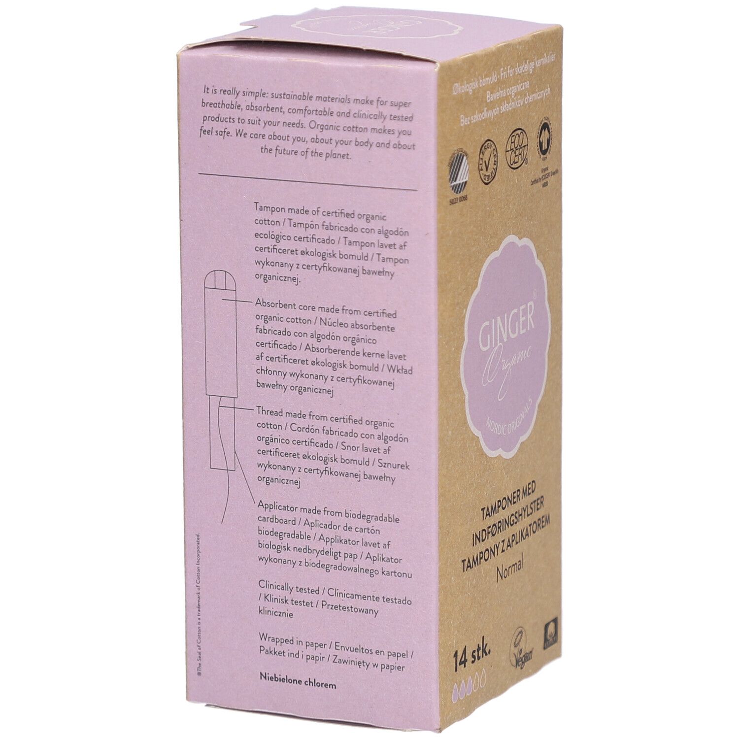 Doosje tampons. Opschrift: Ginger Organic, Normal, 14 stuks. Productbeschrijving en certificeringen.