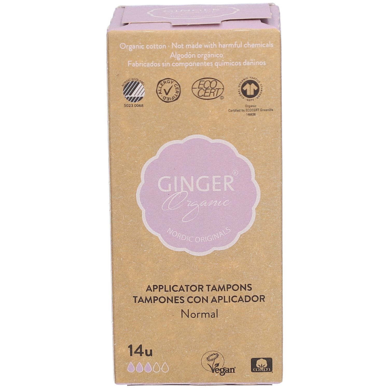 Doosje tampons met applicator. Opschrift: Ginger Organic, Normal, 14 stuks. Certificeringen.