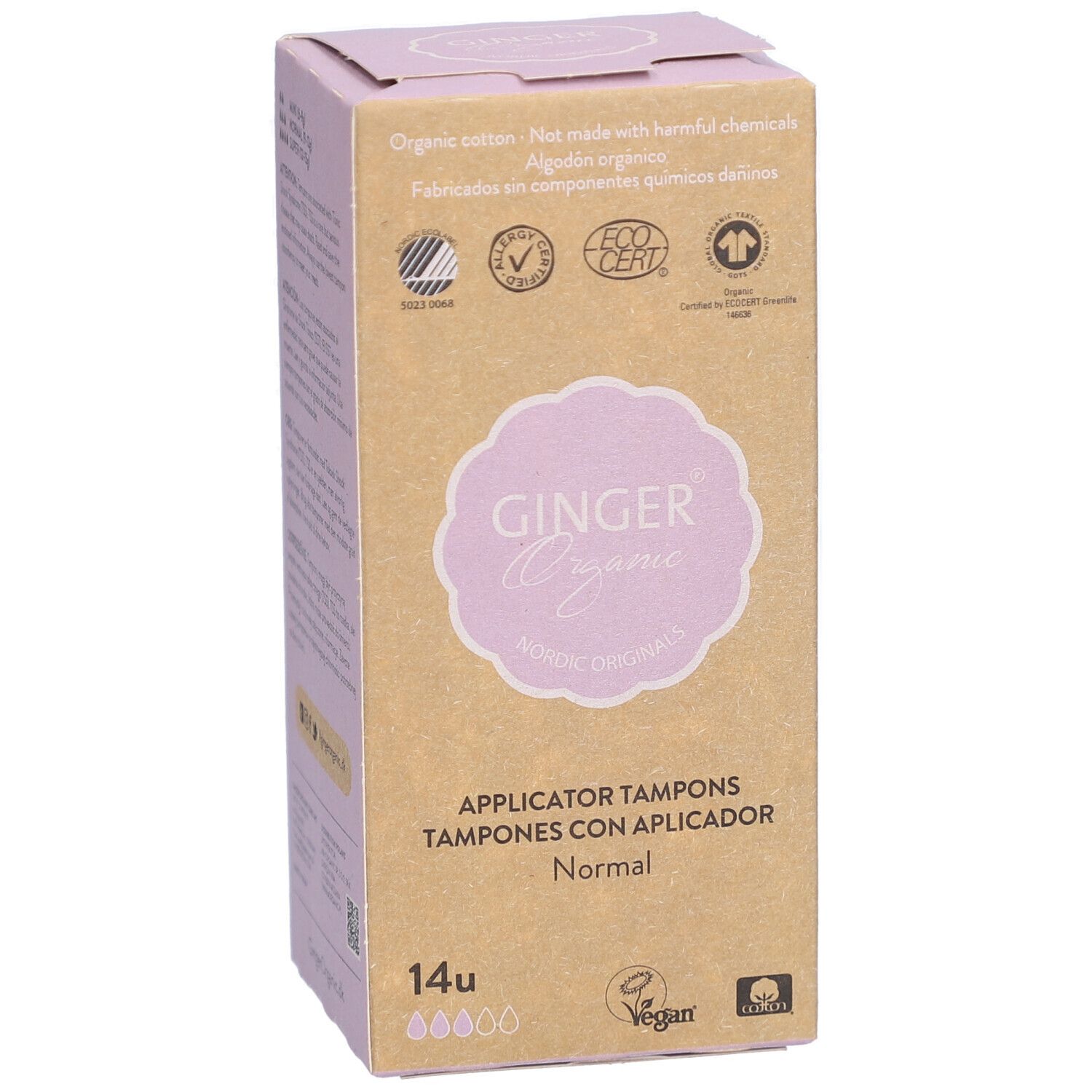 Doosje tampons met applicator. Opschrift: Ginger Organic, Normal, 14 stuks. Certificeringen.