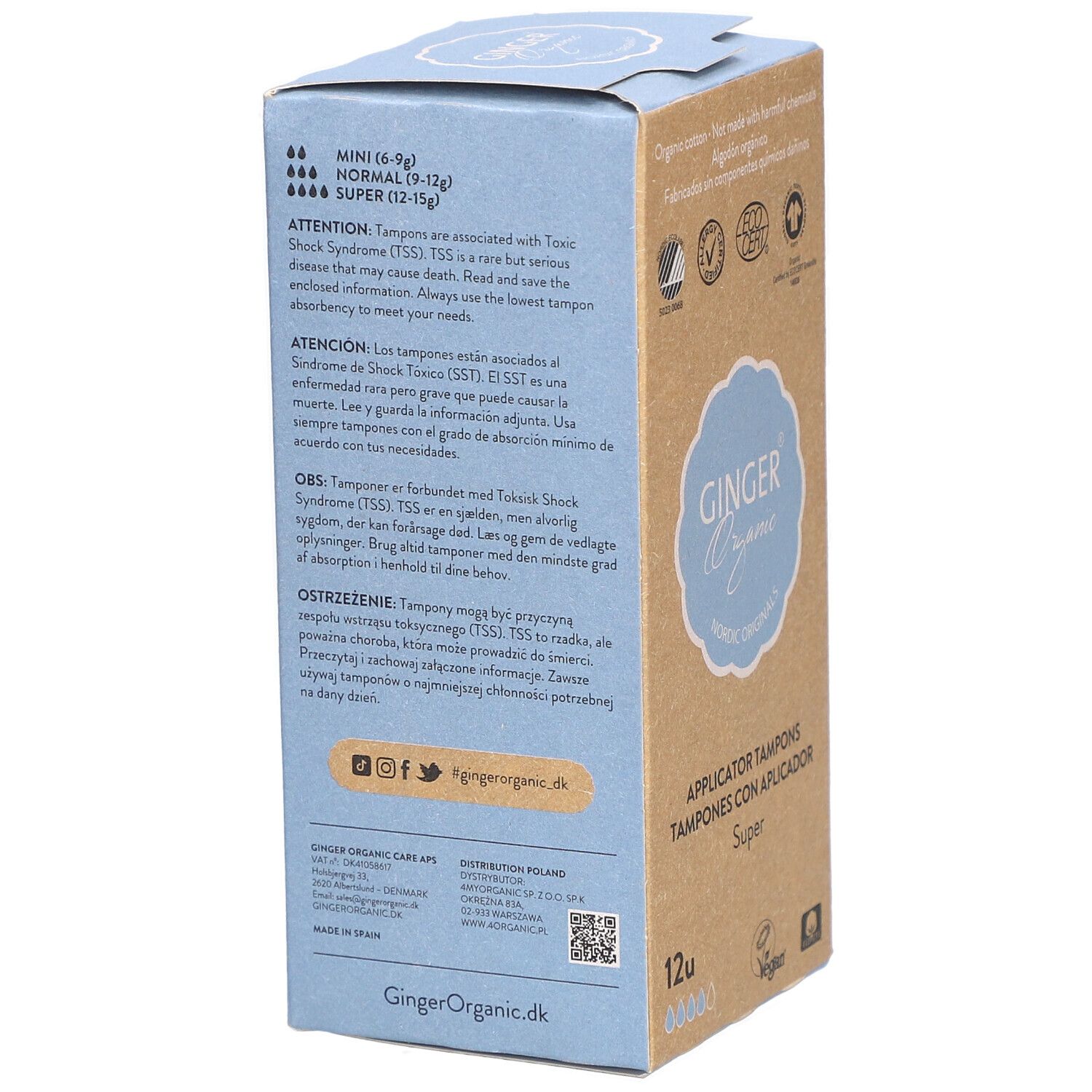 Achterkant van de tamponverpakking. Informatie over toxischeshocksyndroom (TSS). Merk: Ginger Organic. 12 stuks. Met bio-keurmerken.