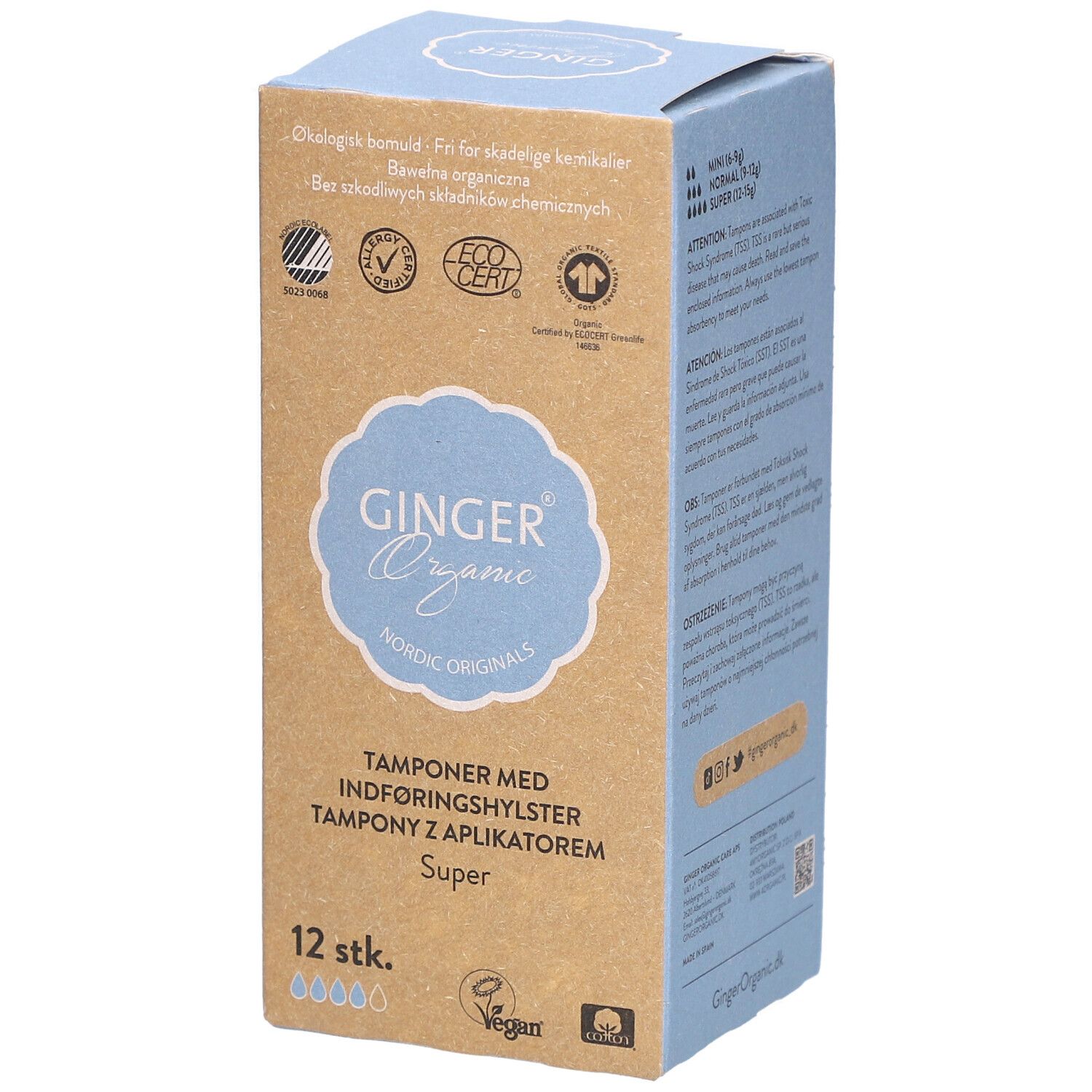 Tamponverpakking. Opschrift: Ginger Organic, Nordic Originals, tampons met applicator, Super, 12 stuks. Met bio-keurmerken.