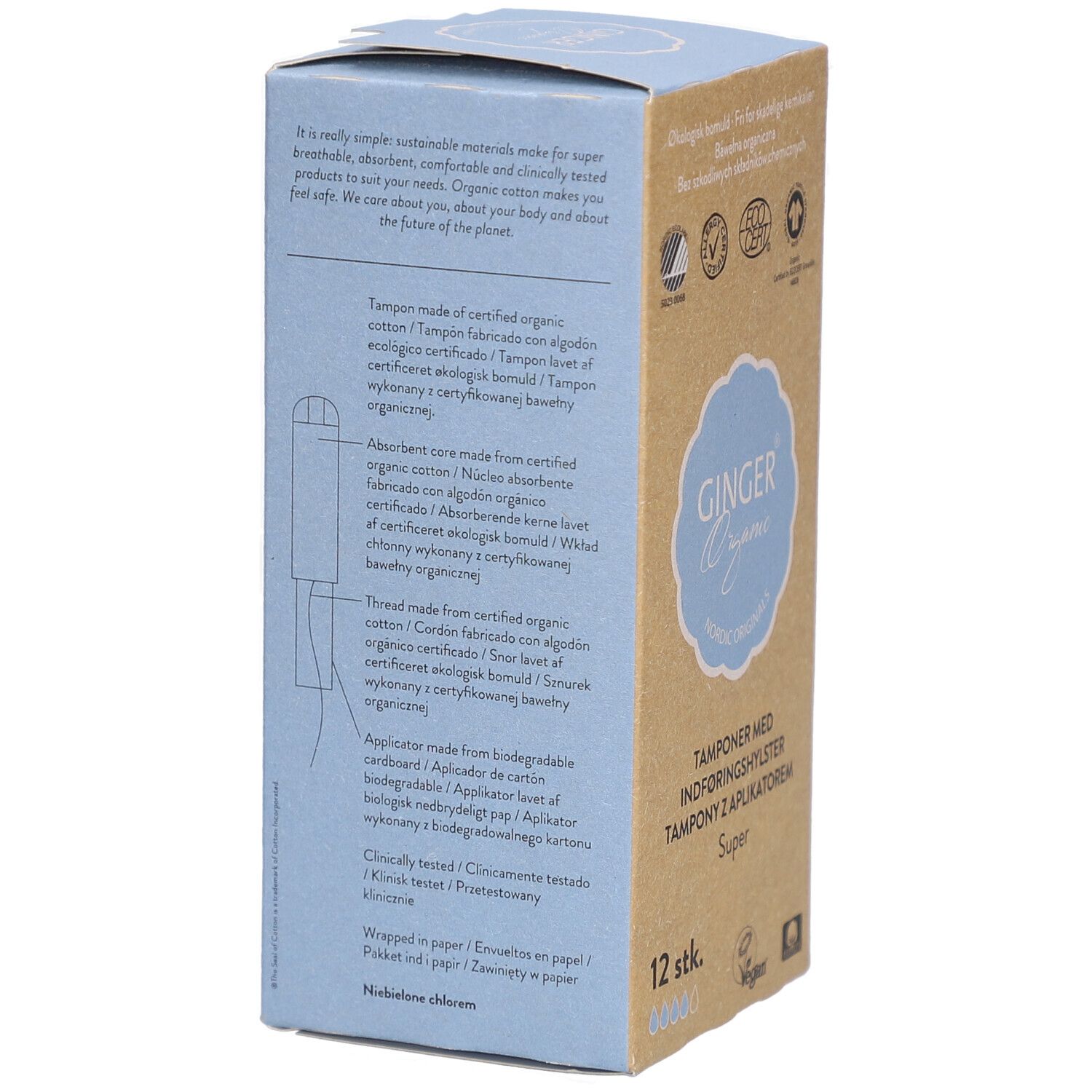 Tamponverpakking. Beschrijving van de materialen. Merk: Ginger Organic. 12 stuks. Met bio-keurmerken. Applicator van karton.