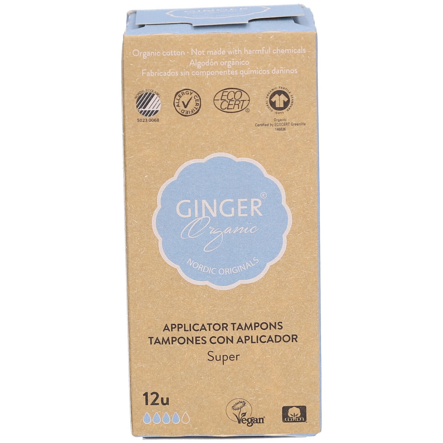 Tamponverpakking. Opschrift: Ginger Organic, Nordic Originals, tampons met applicator, Super, 12 stuks. Met bio-keurmerken.