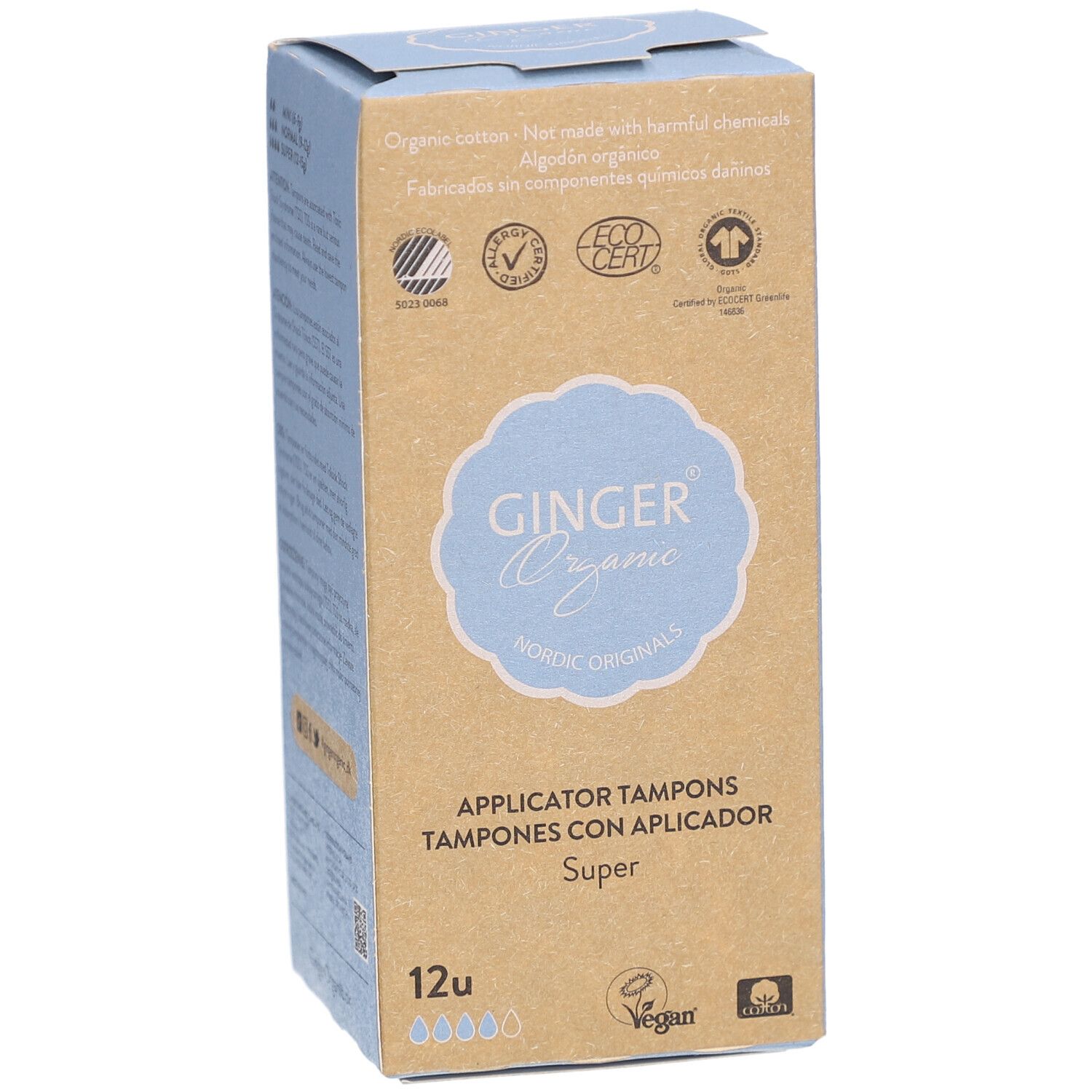 Tamponverpakking. Opschrift: Ginger Organic, Nordic Originals, tampons met applicator, Super, 12 stuks. Met bio-keurmerken.