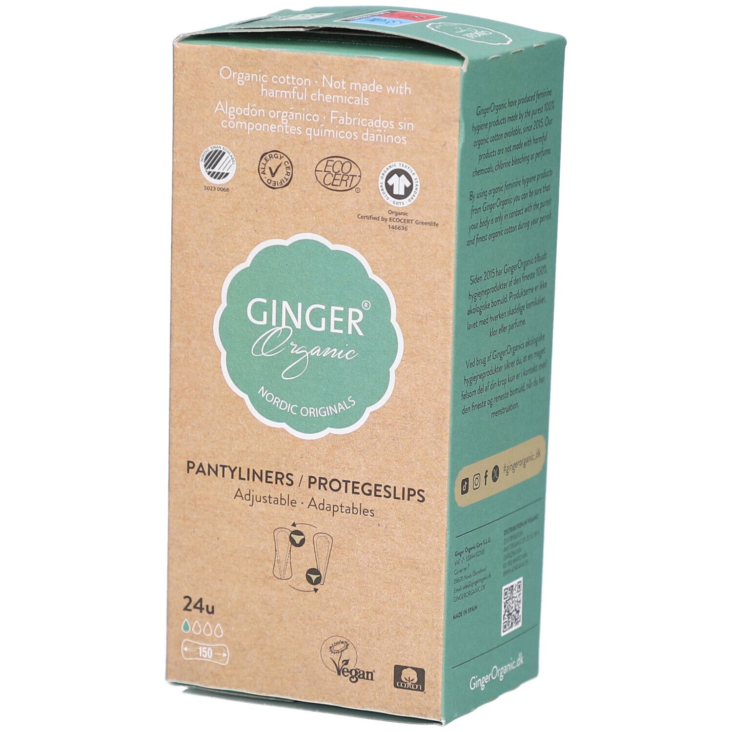 Boîte de Protège-slips Flex Ginger Organic. Inscription : 24u, Vegan, Nordic Originals. Certifications.