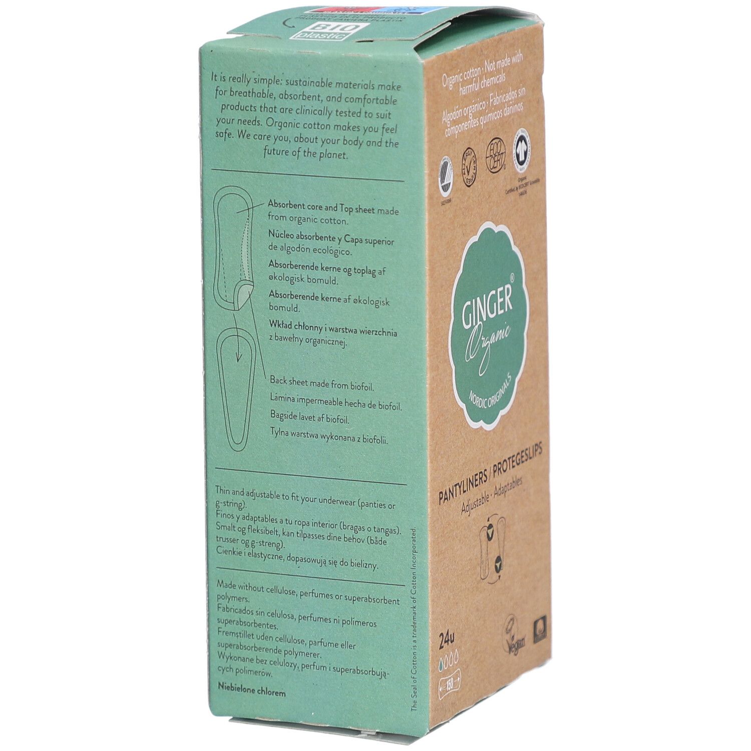 Dos de l'emballage de Protège-slips Flex Ginger Organic. Texte sur les matériaux et les caractéristiques. Illustration du produit.