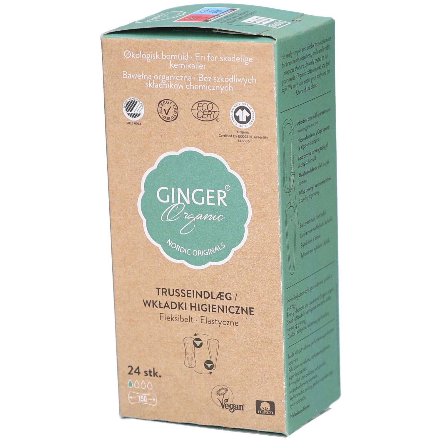 Boîte de Trusseindlæg/Wkładki higieniczne Ginger Organic. Inscription : 24 stk, Flexibel, Elastisch, Vegan.