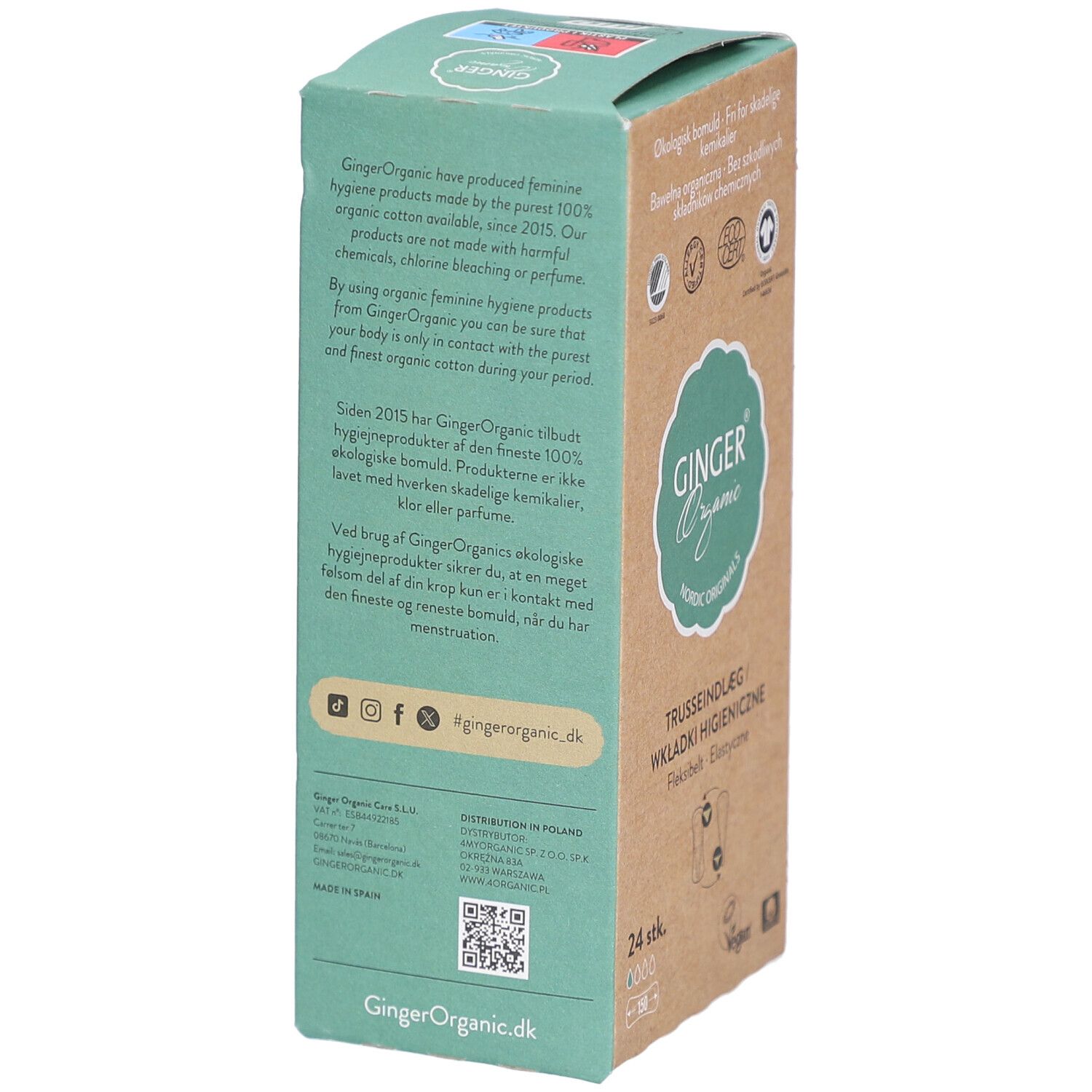Dos de l'emballage de Trusseindlæg/Wkładki higieniczne Ginger Organic. Texte sur le produit et les coordonnées.