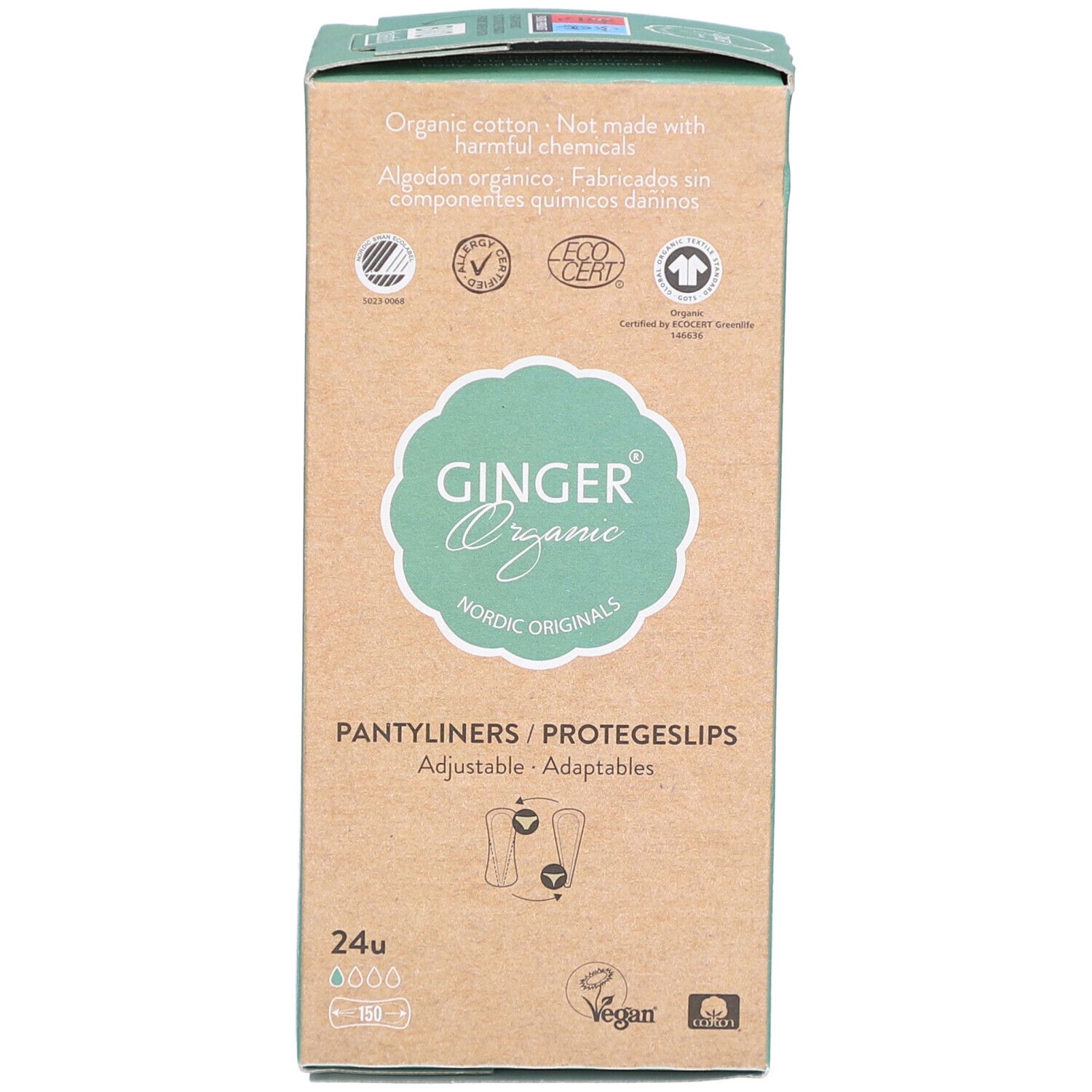 Face avant de l'emballage de Protège-slips Flex Ginger Organic. Inscription : 24u, Vegan, Nordic Originals. Certifications.