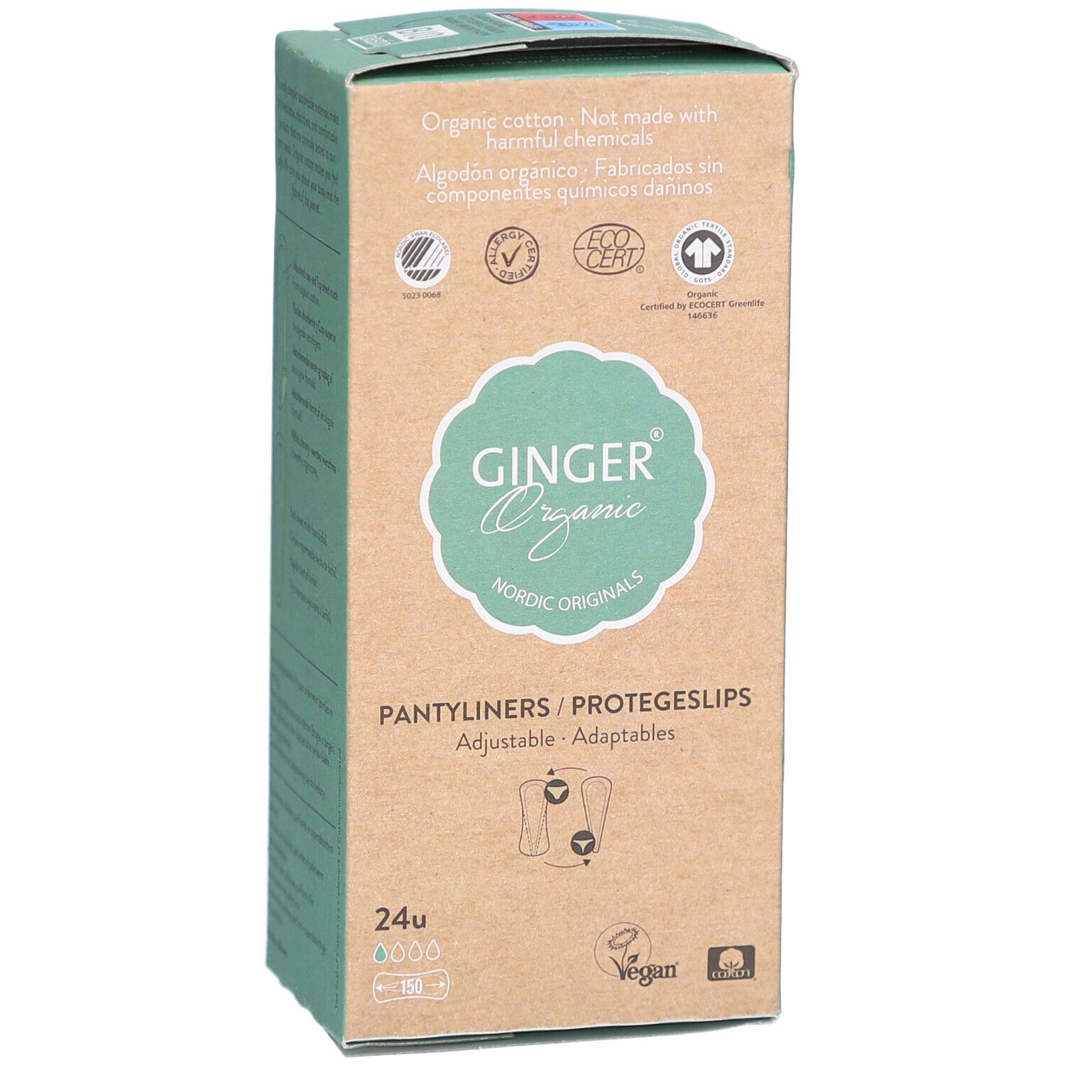 Face avant de l'emballage de Protège-slips Flex Ginger Organic. Inscription : 24u, Vegan, Nordic Originals. Certifications.