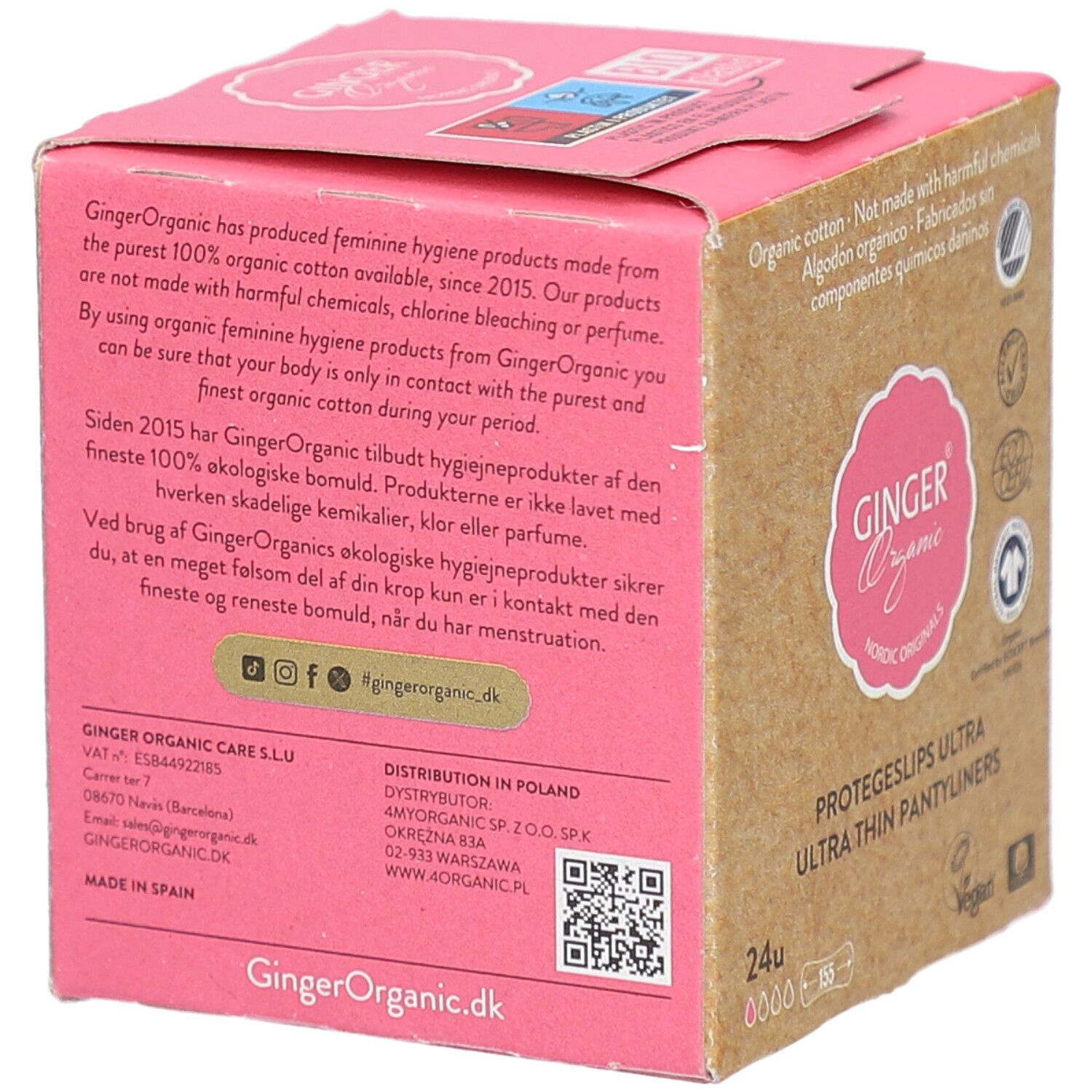 Dos de la boîte en carton. Texte : Ginger Organic. Informations sur les ingrédients et la fabrication. Code QR et coordonnées.