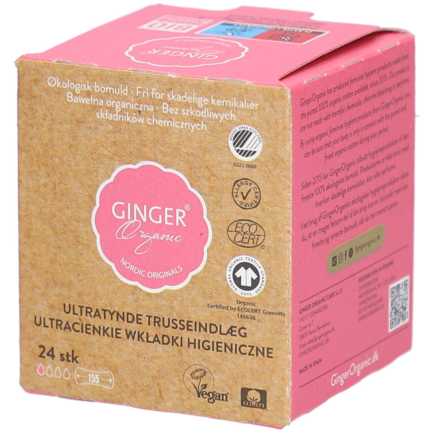 Boîte en carton avec informations produit. Marque : Ginger Organic. Contient 24 protège-slips. Texte en plusieurs langues.