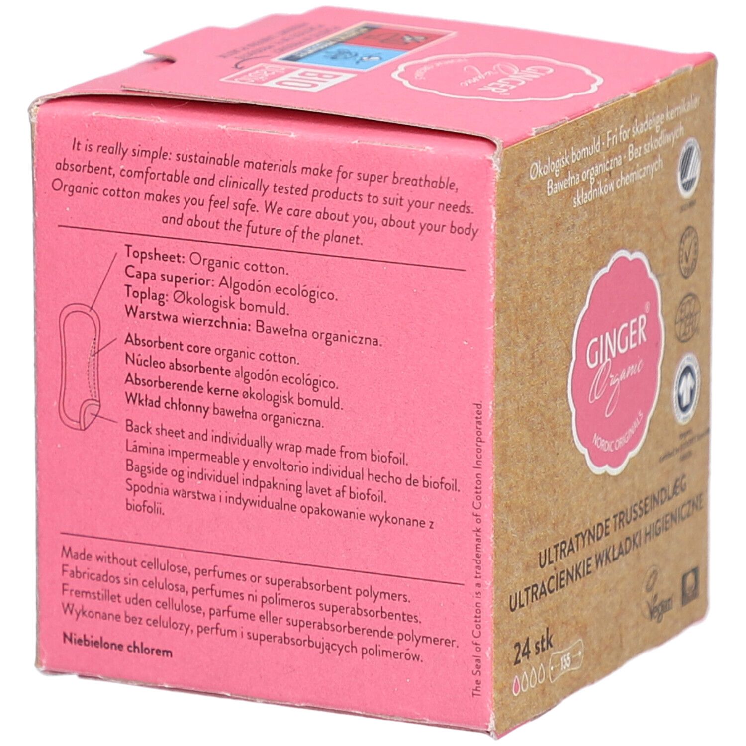 Côté de la boîte en carton. Texte : ingrédients, matériaux. Illustration d'un protège-slip. Texte en plusieurs langues.
