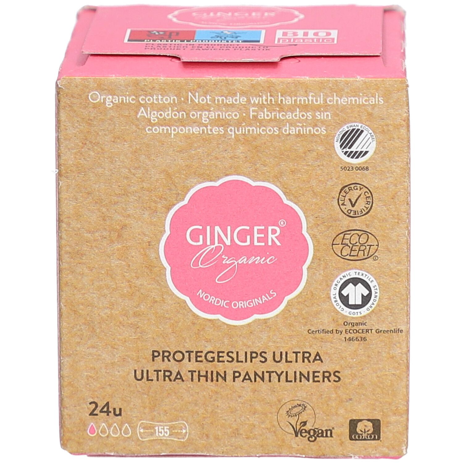 Boîte en carton avec informations produit. Marque : Ginger Organic. Contient 24 protège-slips. Certifications : Vegan, EcoCert.