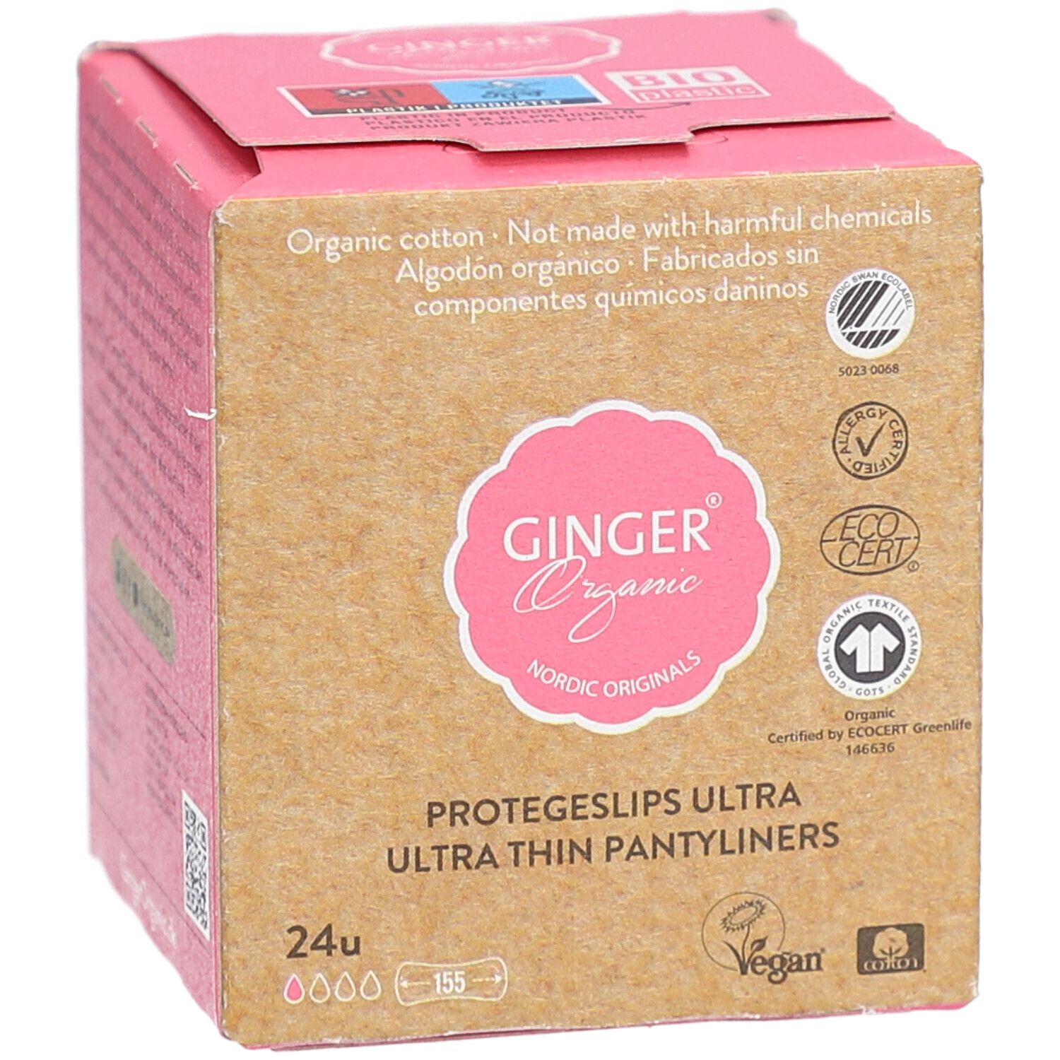 Boîte en carton avec informations produit. Marque : Ginger Organic. Contient 24 protège-slips. Certifications : Vegan, EcoCert.