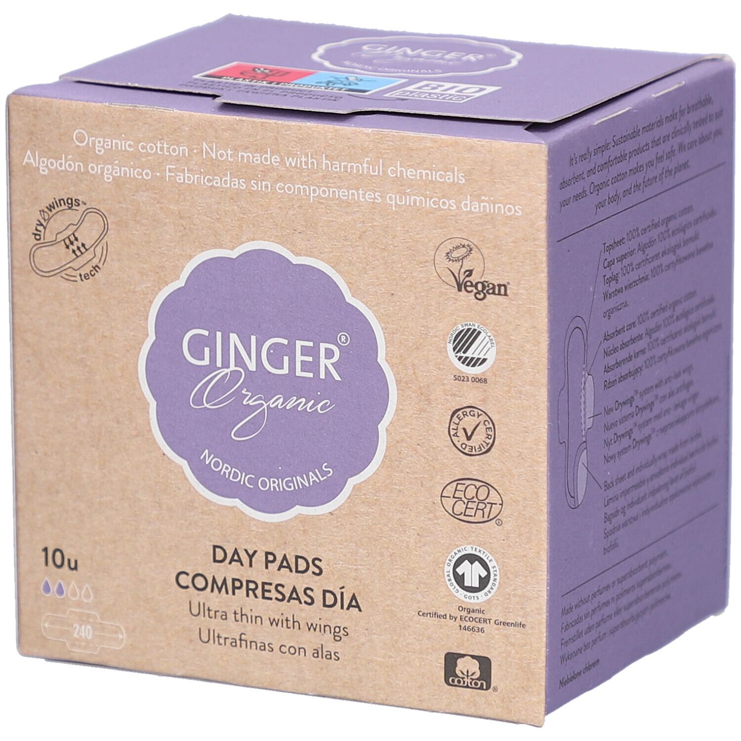 Doosje dagverband met vleugels. Merk: GINGER Organic. 10 stuks. Vegan, biologisch katoen.