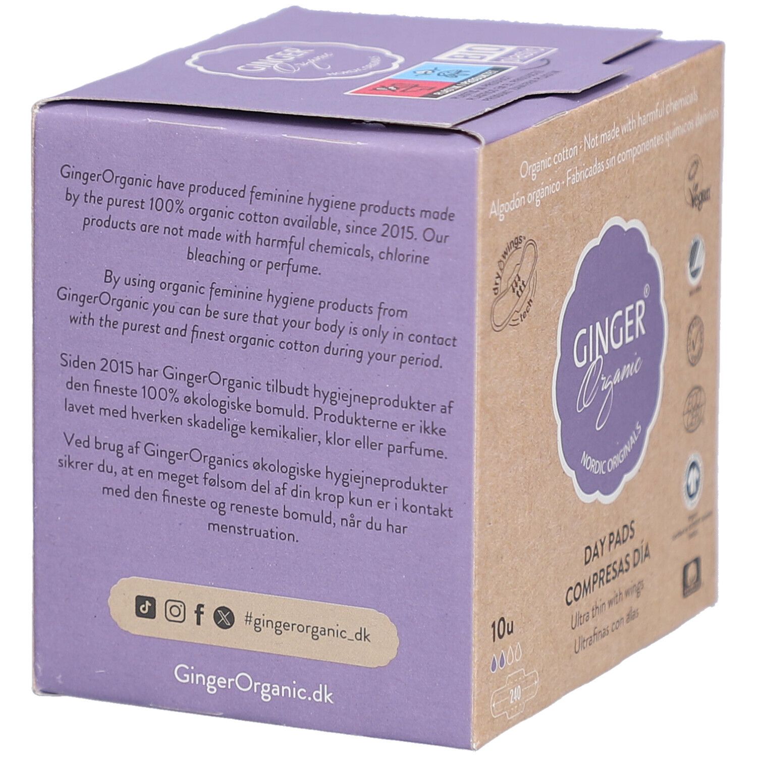 Achterkant van de doos met maandverband. Merk: GINGER Organic. Informatie over ingrediënten en certificeringen.