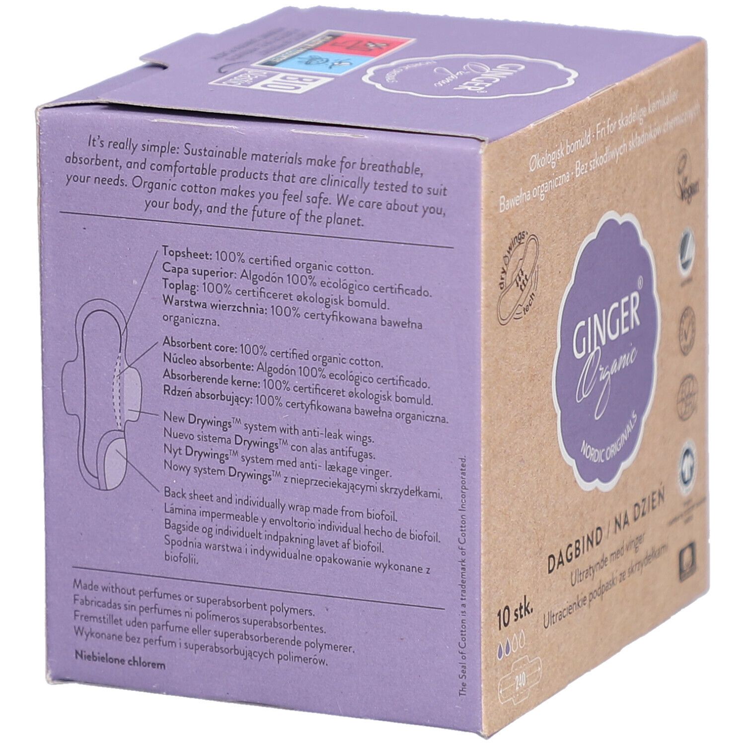 Achterkant van de doos met maandverband. Merk: GINGER Organic. Informatie over ingrediënten en certificeringen.