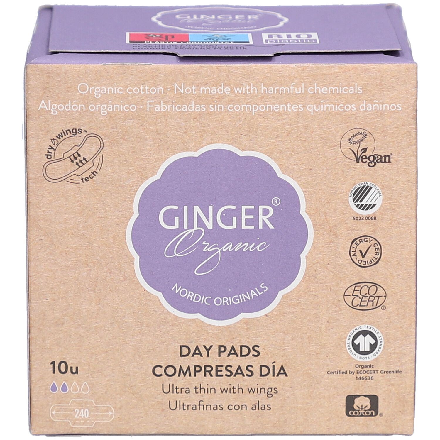Doosje dagverband met vleugels. Merk: GINGER Organic. 10 stuks. Vegan, biologisch katoen.