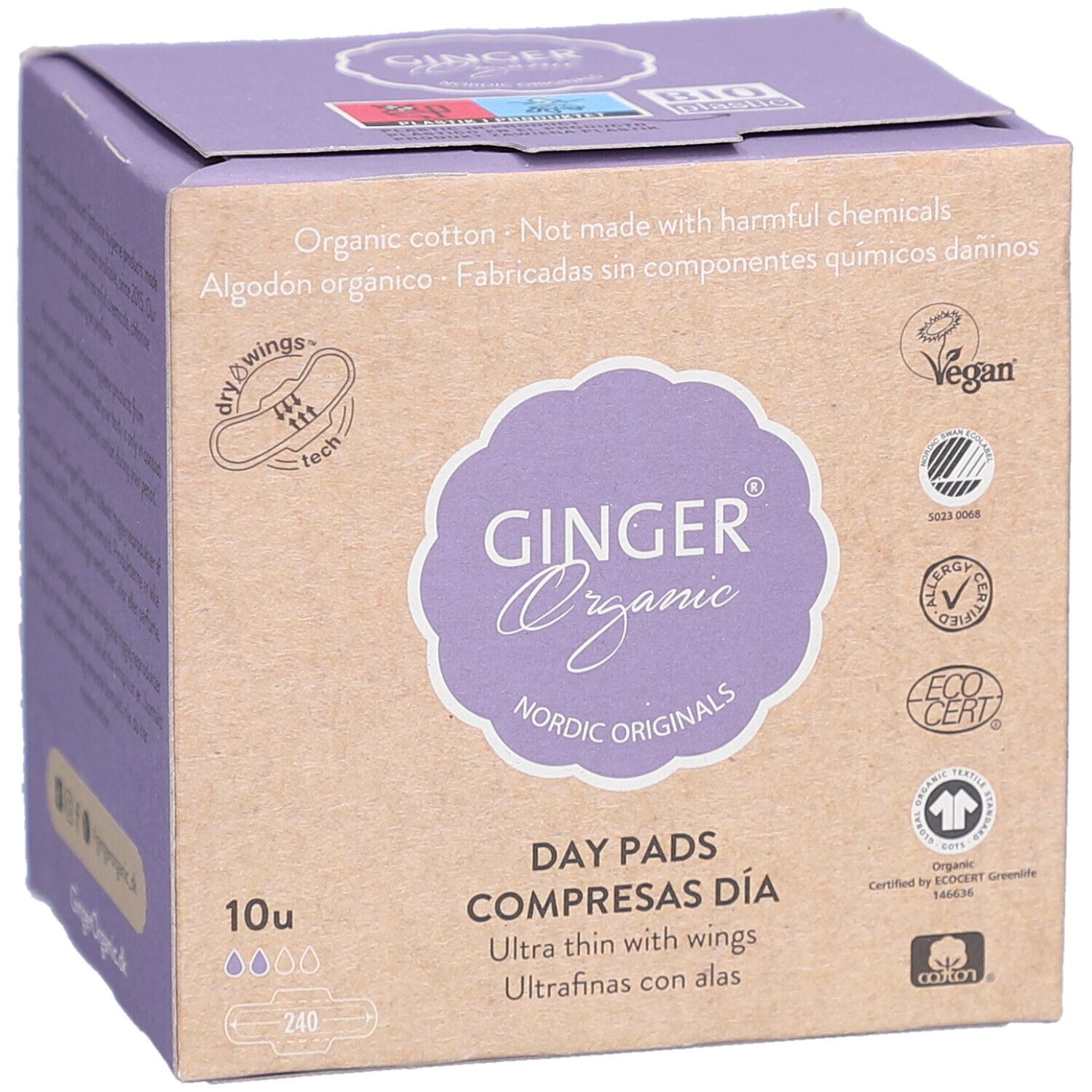 Doosje dagverband met vleugels. Merk: GINGER Organic. 10 stuks. Vegan, biologisch katoen.
