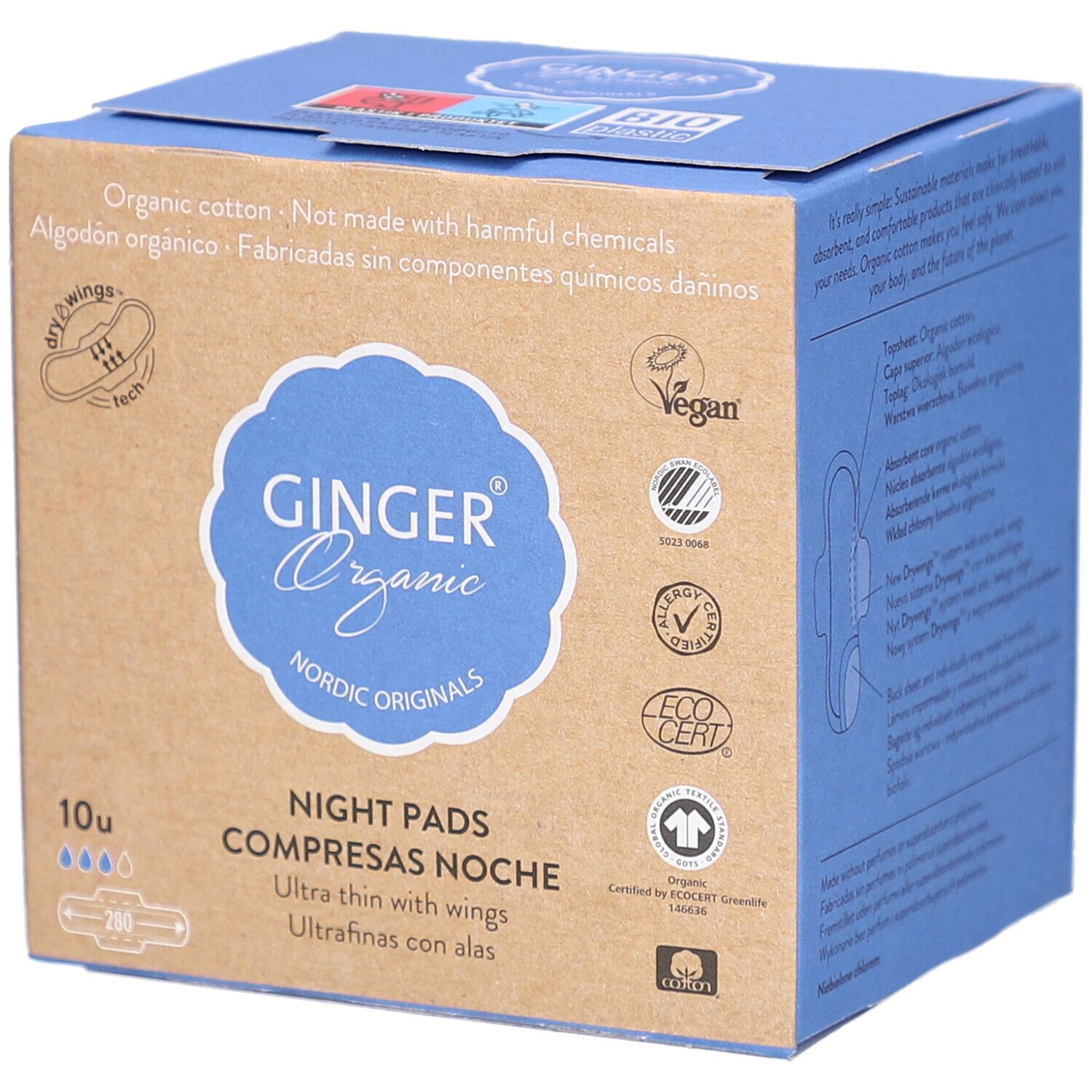 Doos nachtverband. Merk: Ginger Organic. Opschriften: biologisch katoen, Vegan, EcoCert. 10 stuks, met vleugels.